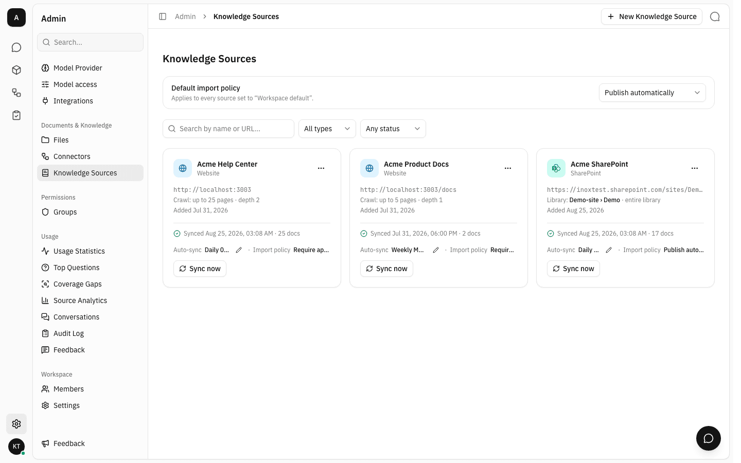 The Knowledge Sources admin page listing three sources