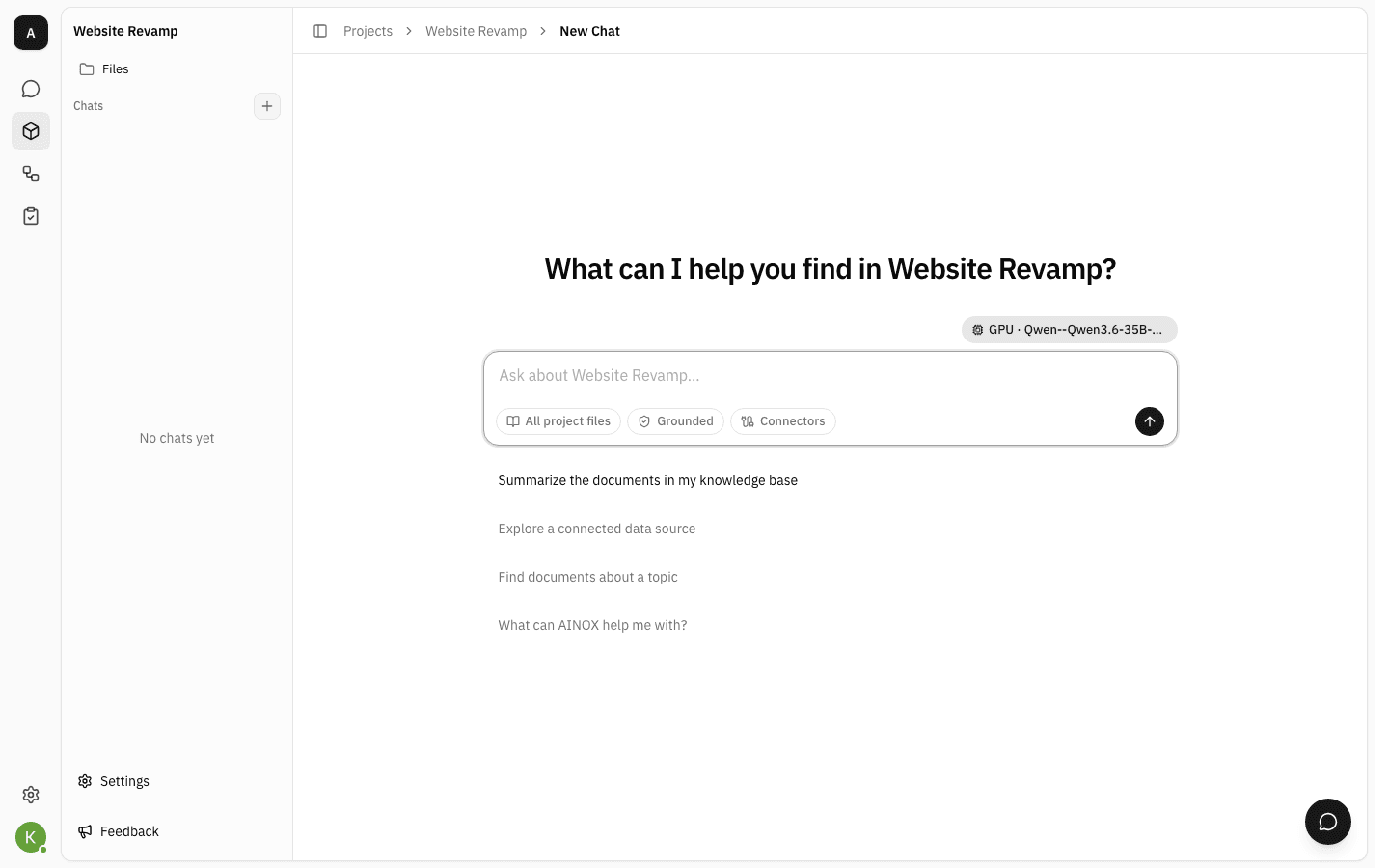 Website Revamp project open on its chat screen, with the project sidebar showing Files, an empty Chats list, and a Settings control at the bottom above Feedback