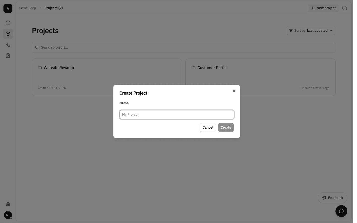 Create Project dialog with an empty Name field and a disabled Create button