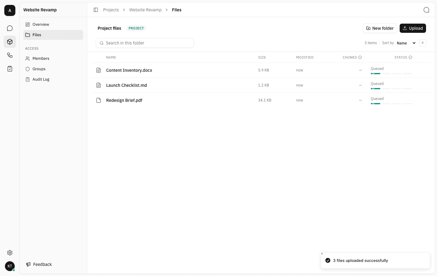 Project file list with three freshly uploaded documents, each showing a Queued progress bar in the Status column, and a toast reading 3 files uploaded successfully
