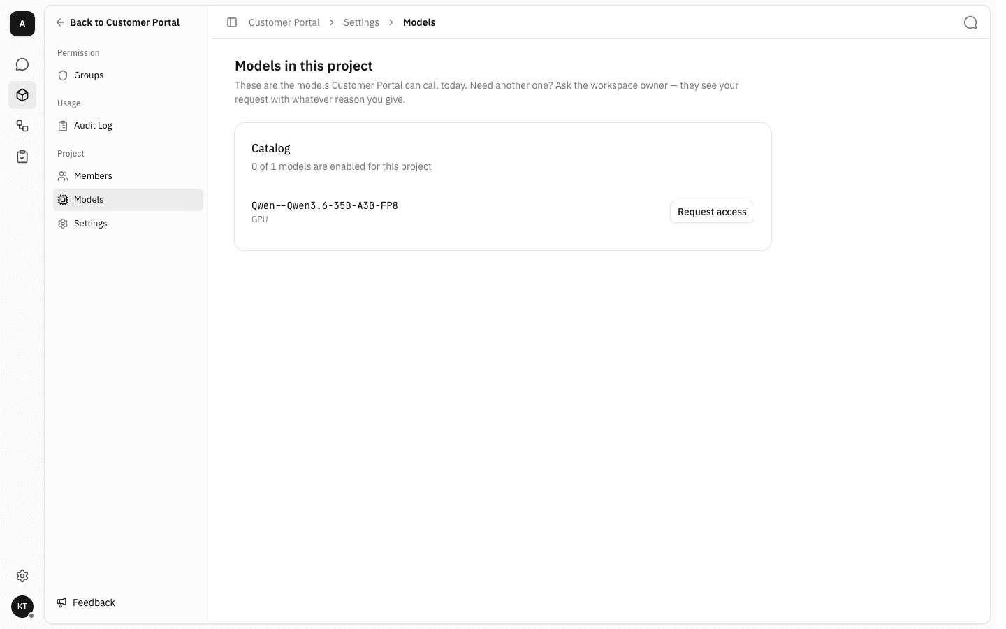 The same page with the model showing a "Request access" button and a count of 0 of 1