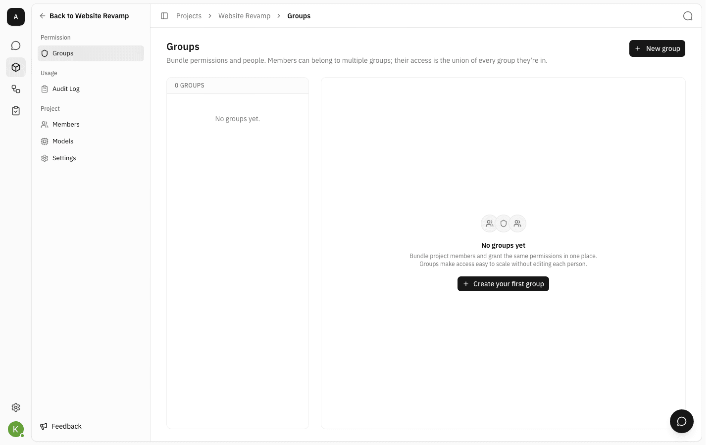The project sidebar replaced by a settings panel with three headed groups — Permission containing Groups, Usage containing Audit Log, and Project containing Members, Models and Settings — above the Groups page