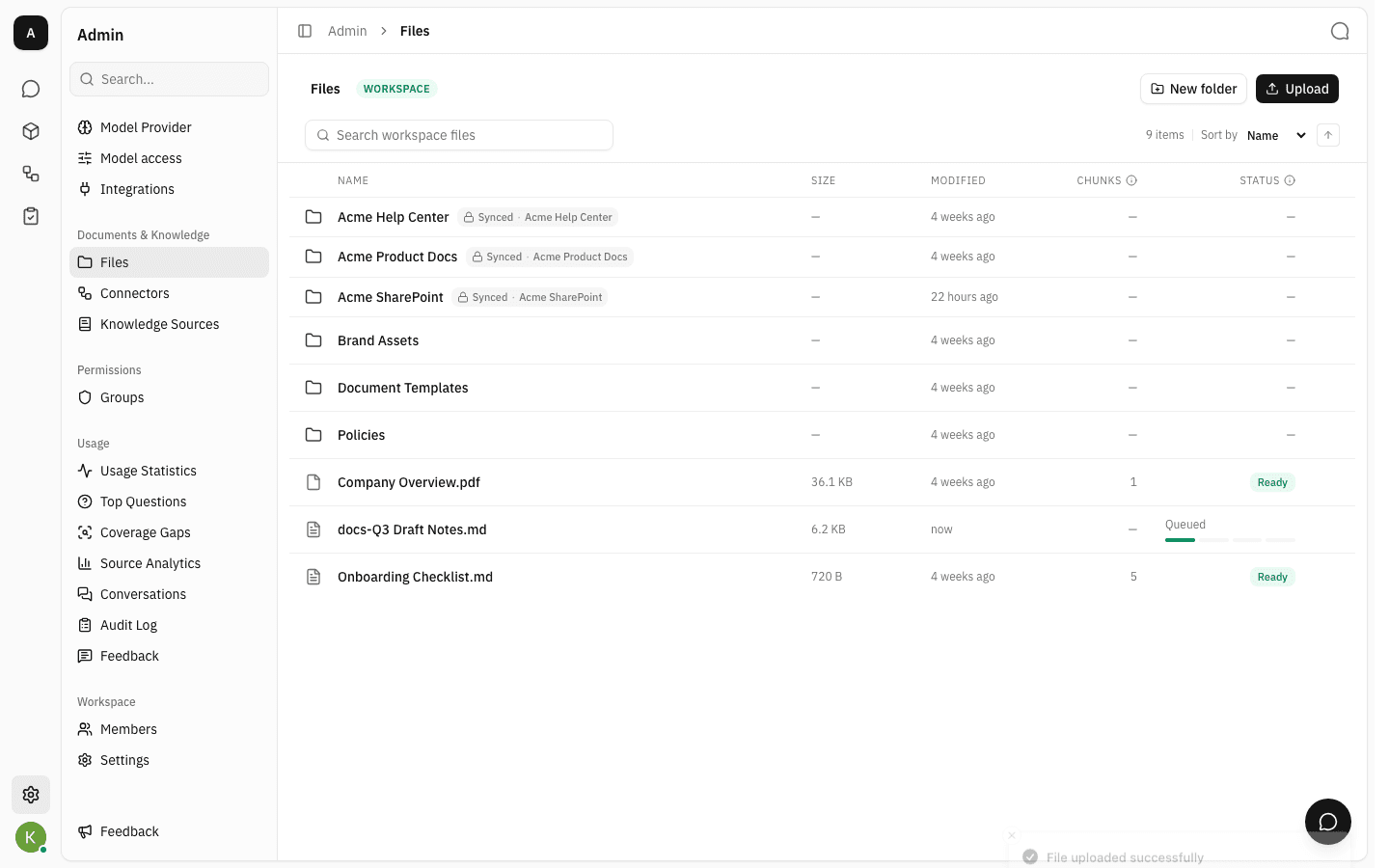 File list with a newly uploaded Markdown file showing a Queued progress bar in the Status column