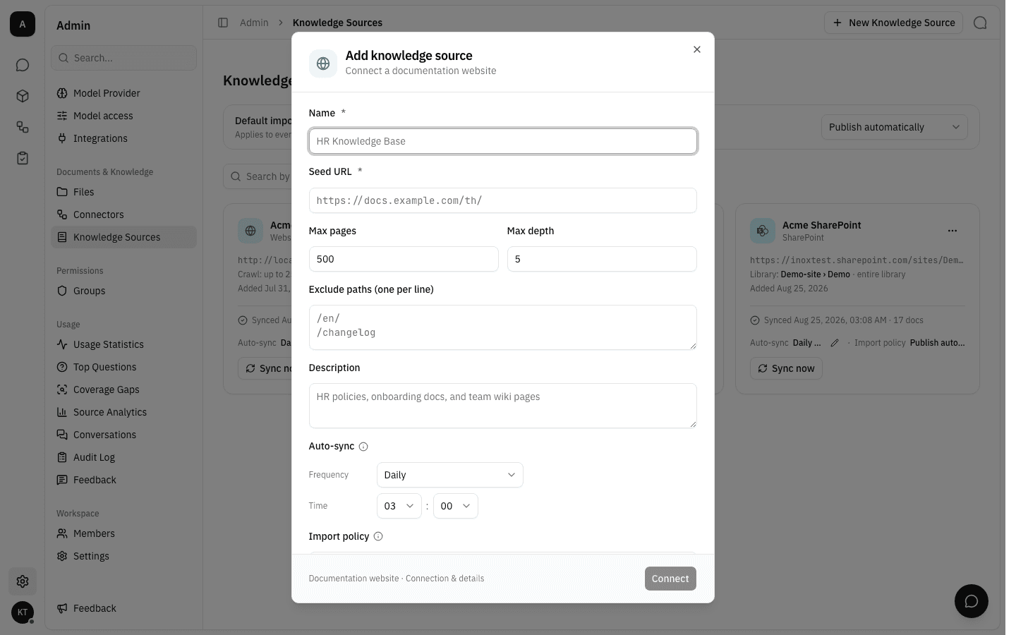 The empty Add knowledge source form for a documentation website