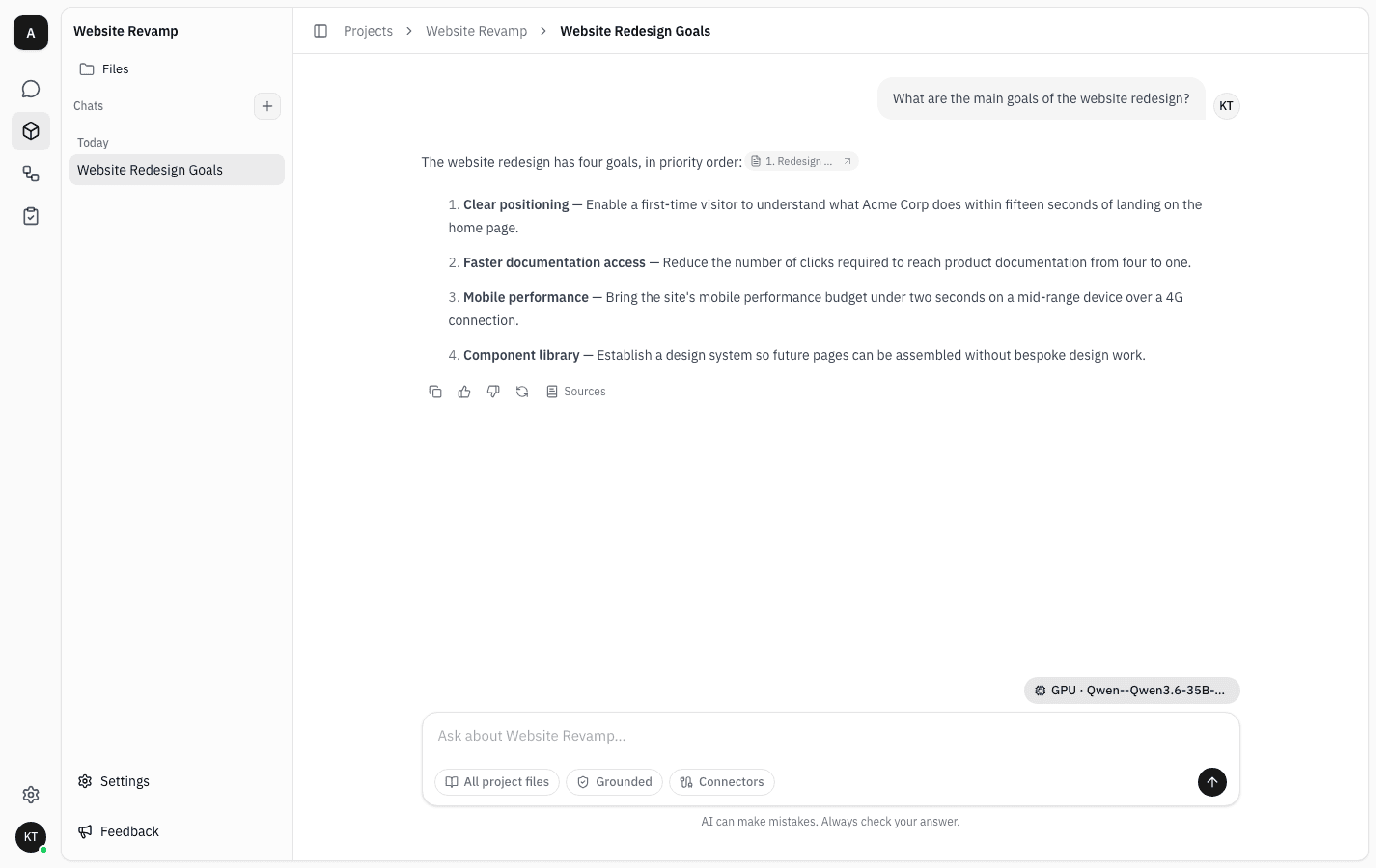 Answer listing four redesign goals with a citation chip, and the new conversation "Website Redesign Goals" now listed in the project sidebar