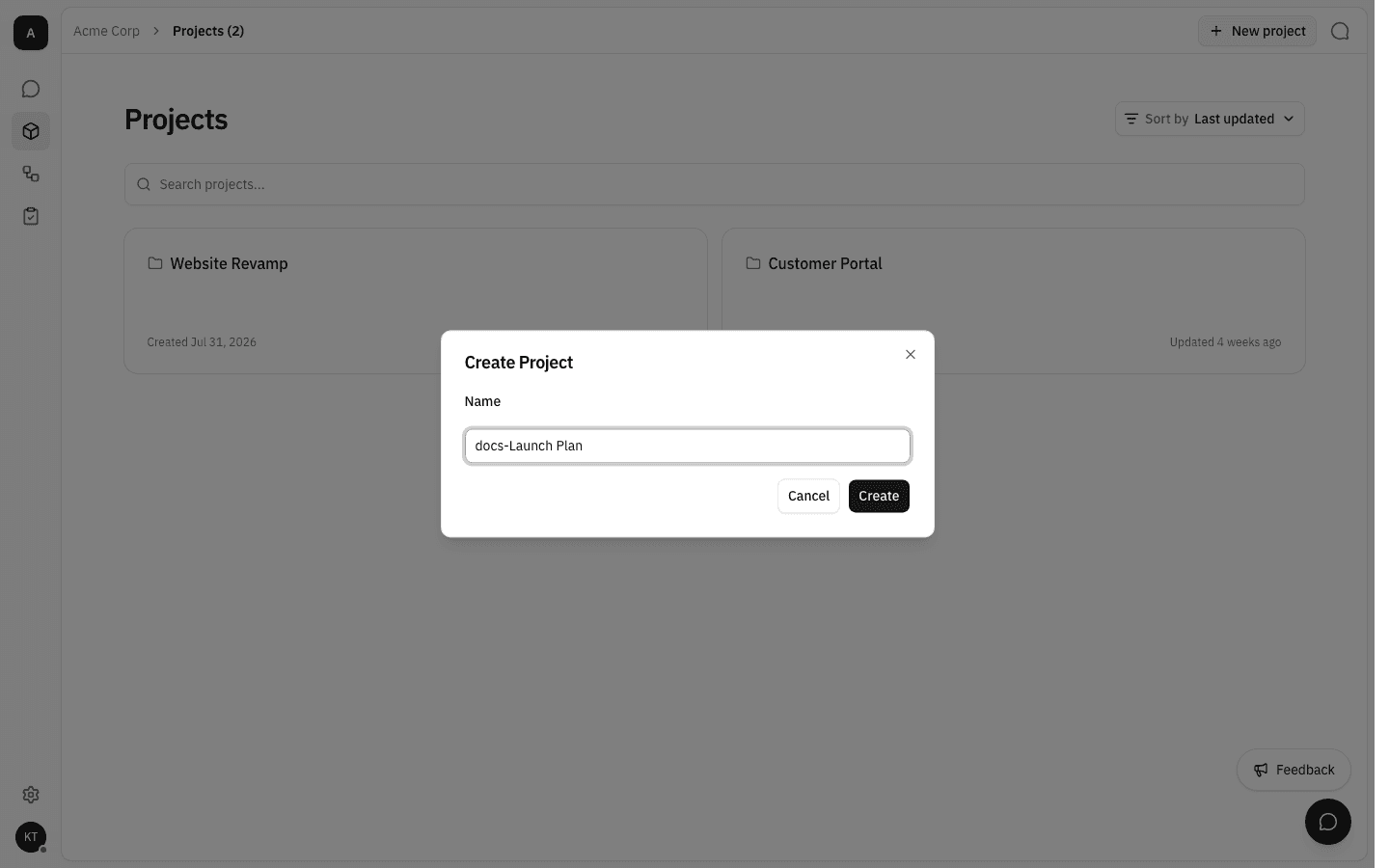 Create Project dialog with "docs-Launch Plan" typed into the Name field and the Create button now enabled