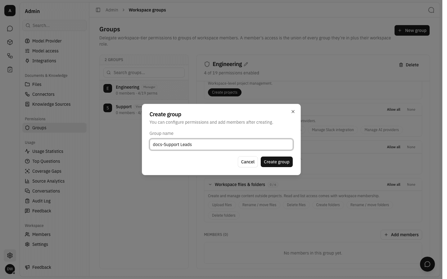 Create group dialog with a group name typed into the name field