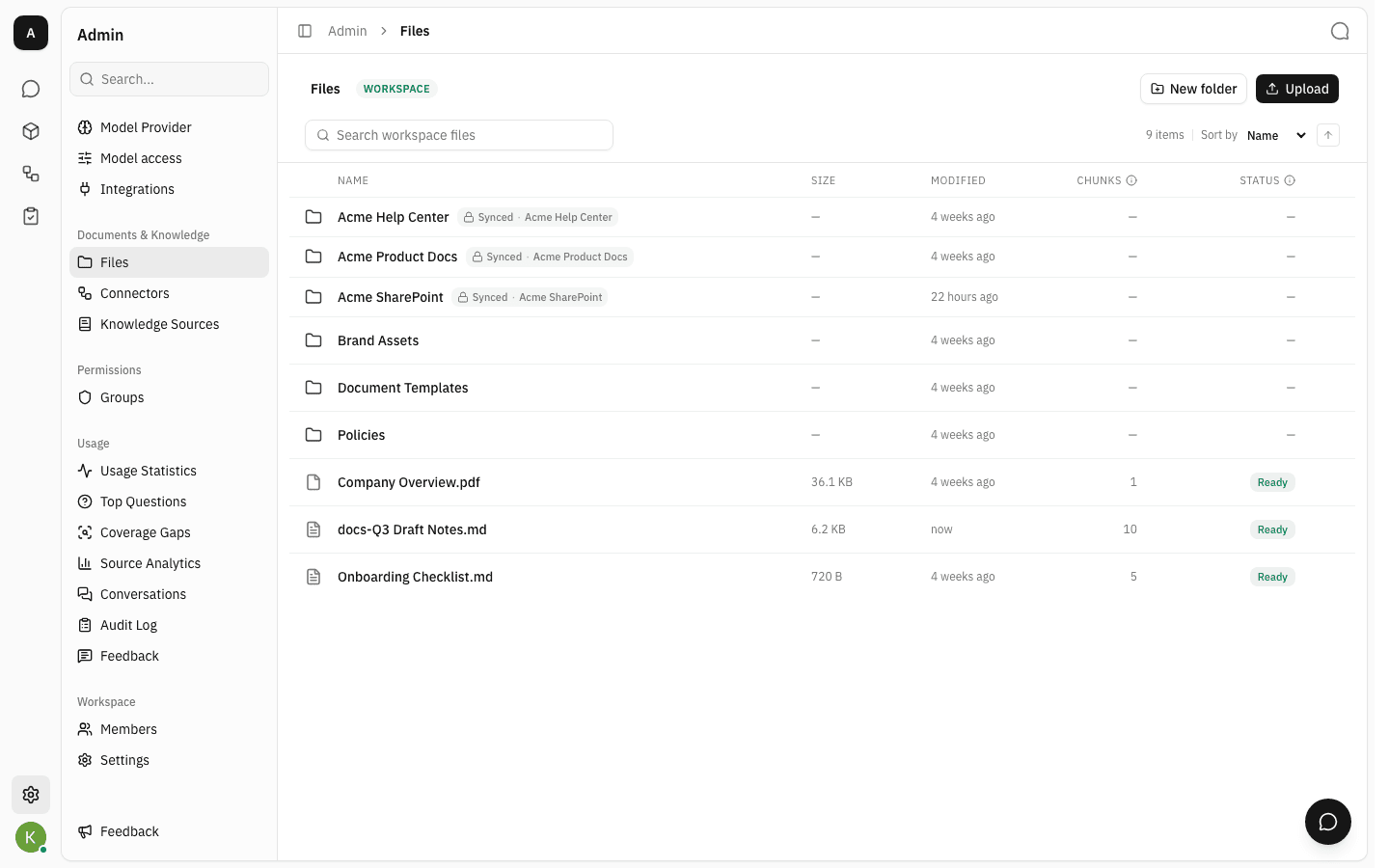 File list where every document reads Ready with a chunk count