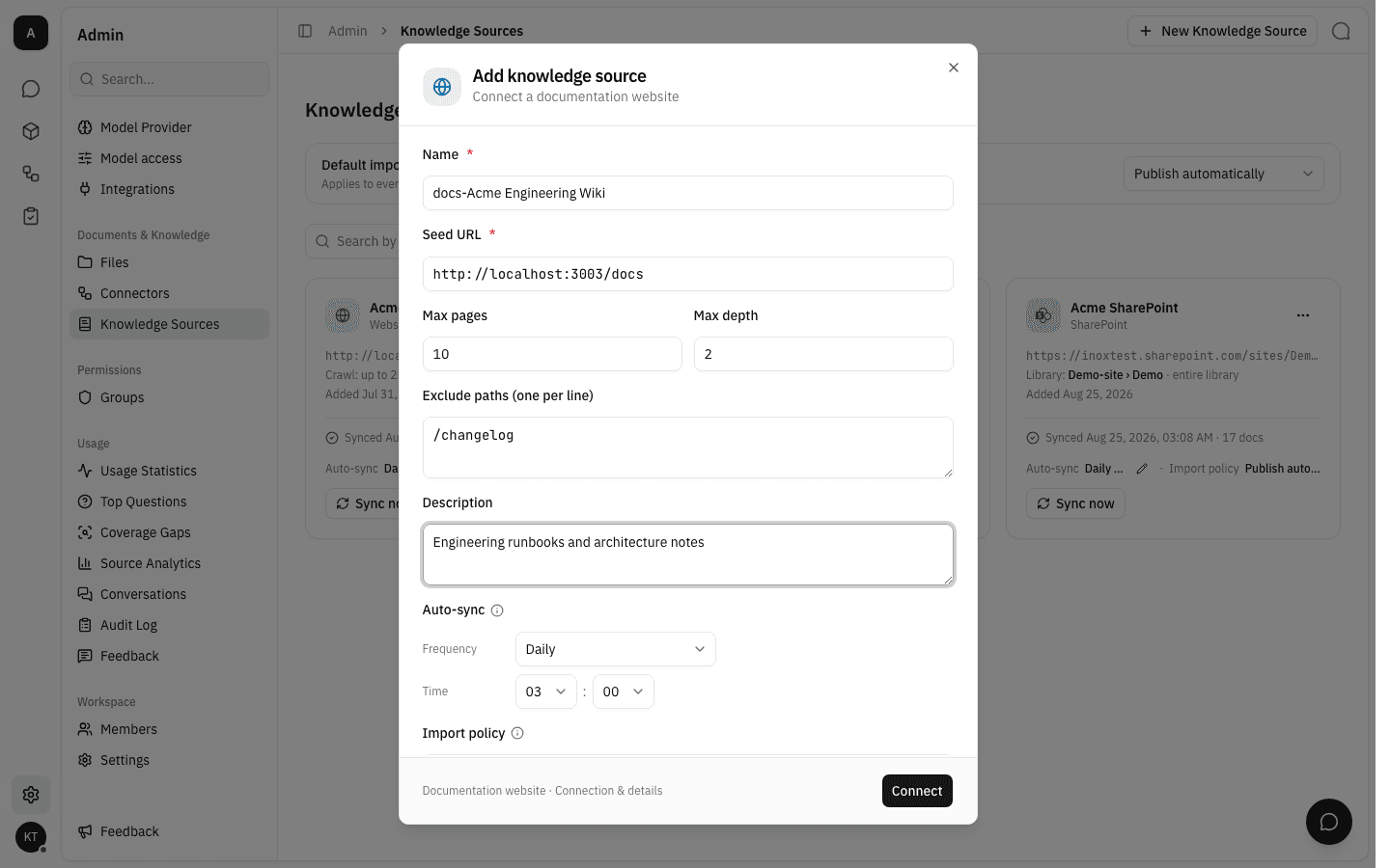 The website form filled in with a name, seed URL, crawl limits and an excluded path