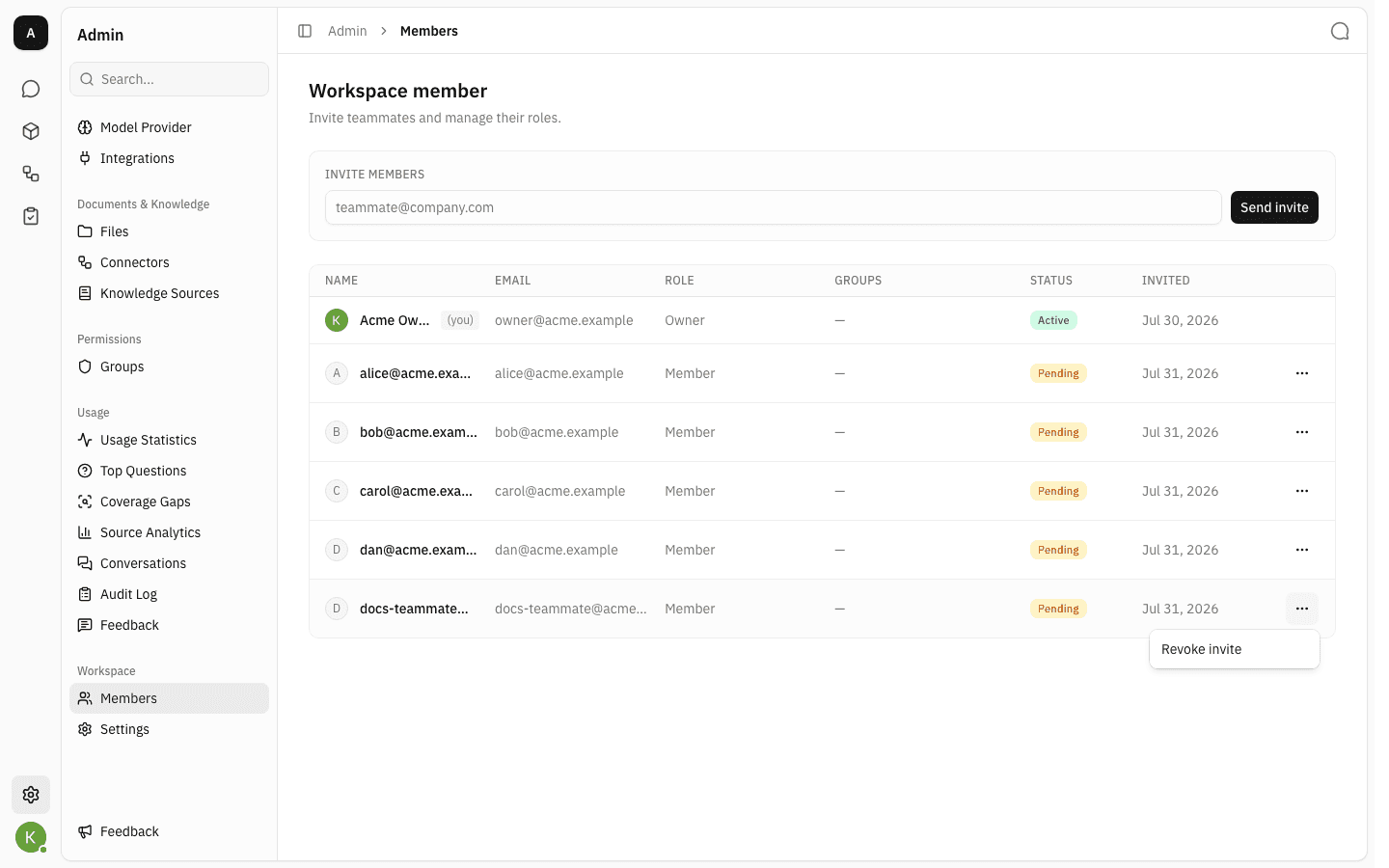 Row actions menu open on a pending invitation, showing Revoke invite