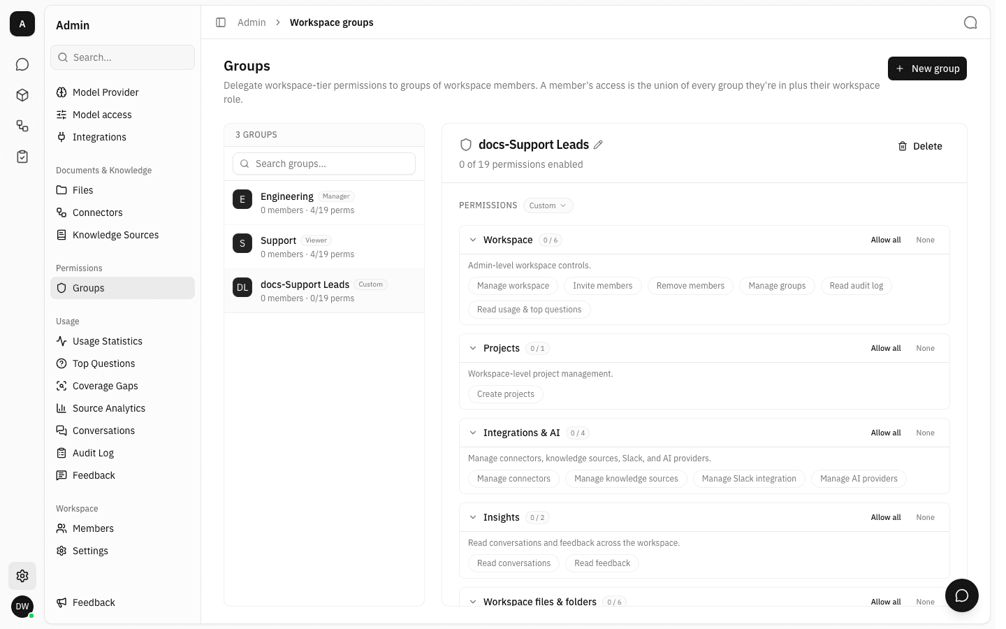Newly created group open in the detail pane with no permissions enabled