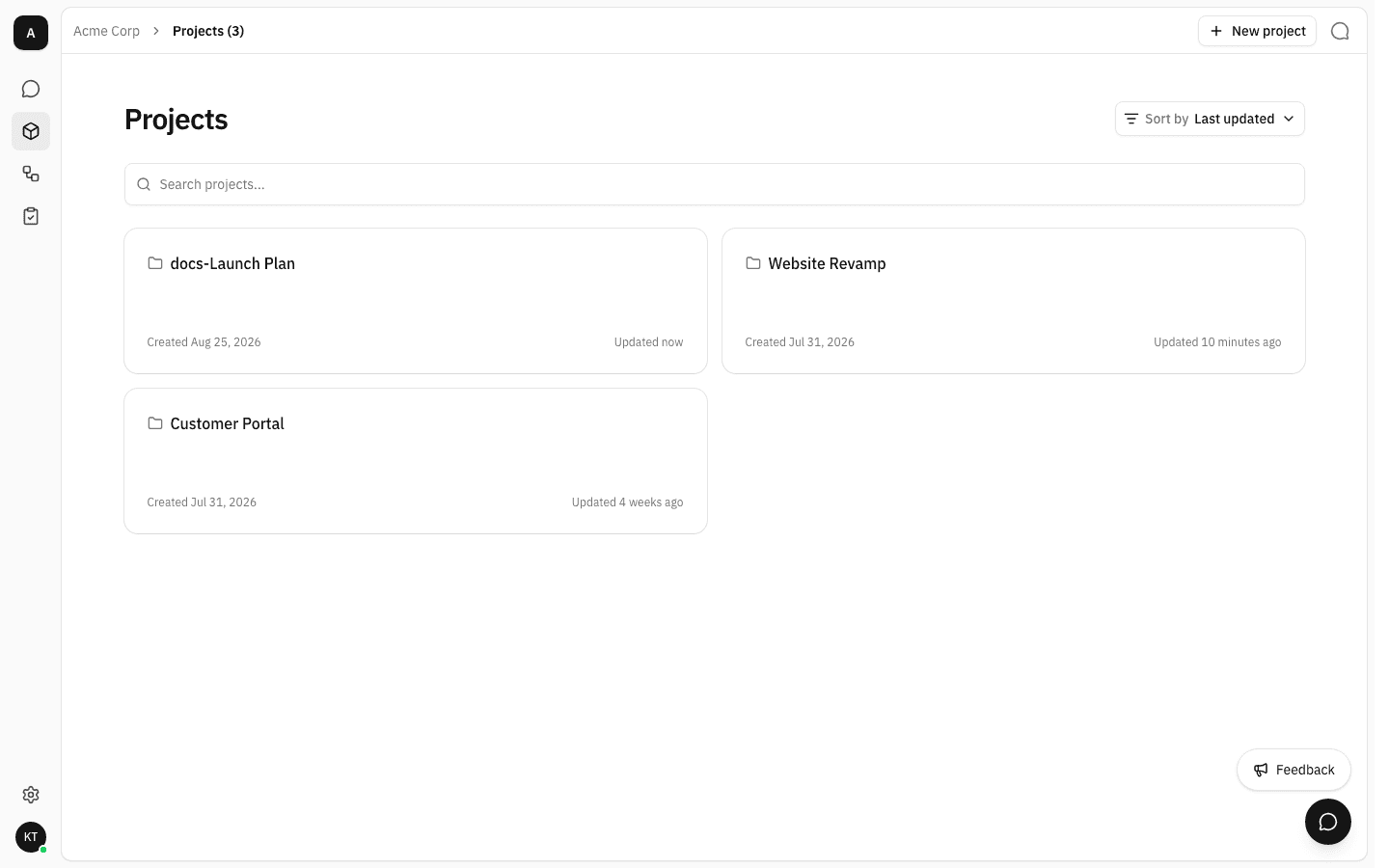 Projects page showing three cards — docs-Launch Plan created today with "Updated now", plus Website Revamp and Customer Portal — and the breadcrumb reading Projects (3)