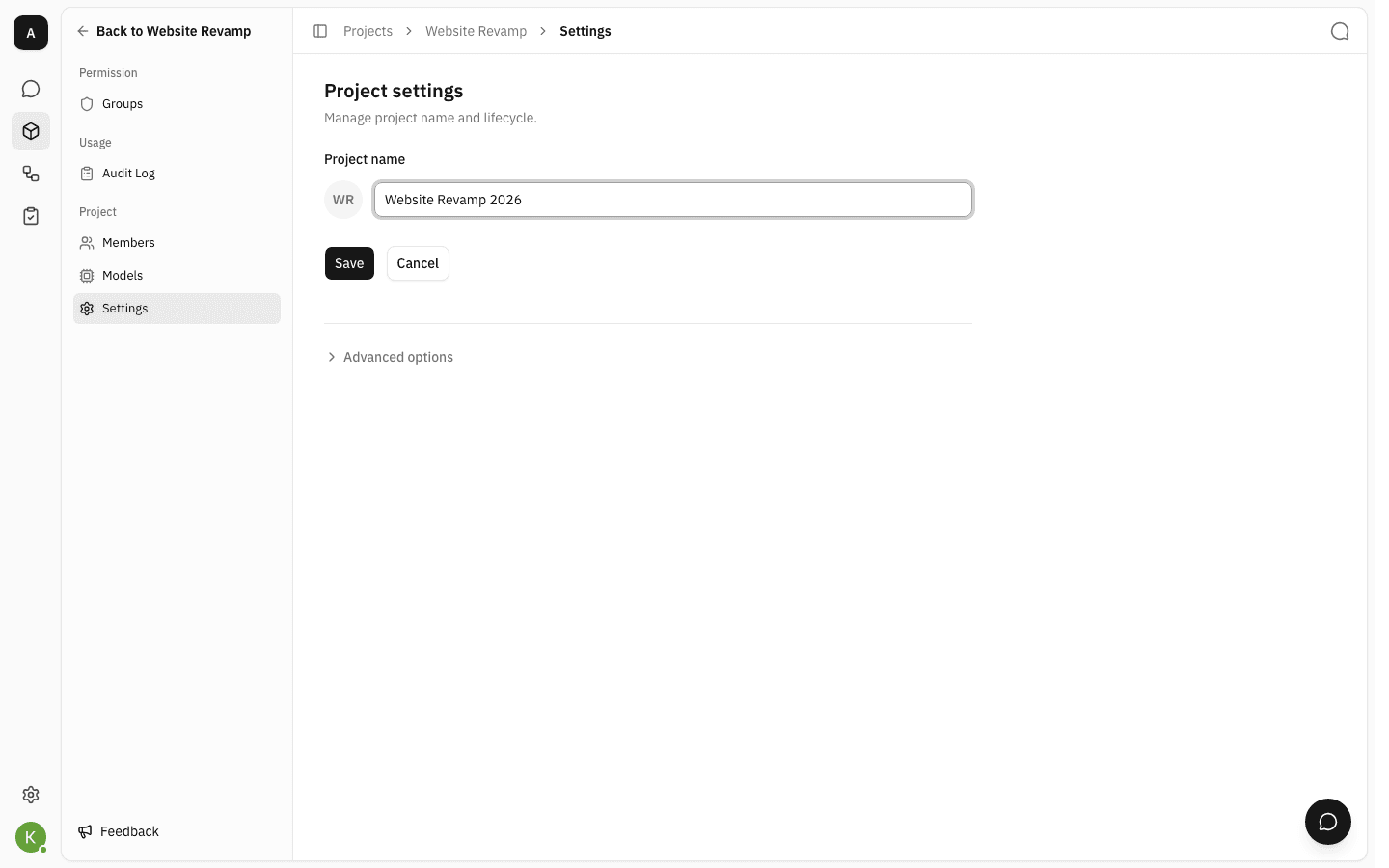 The Project name field containing Website Revamp 2026, with Save now enabled and a Cancel button beside it