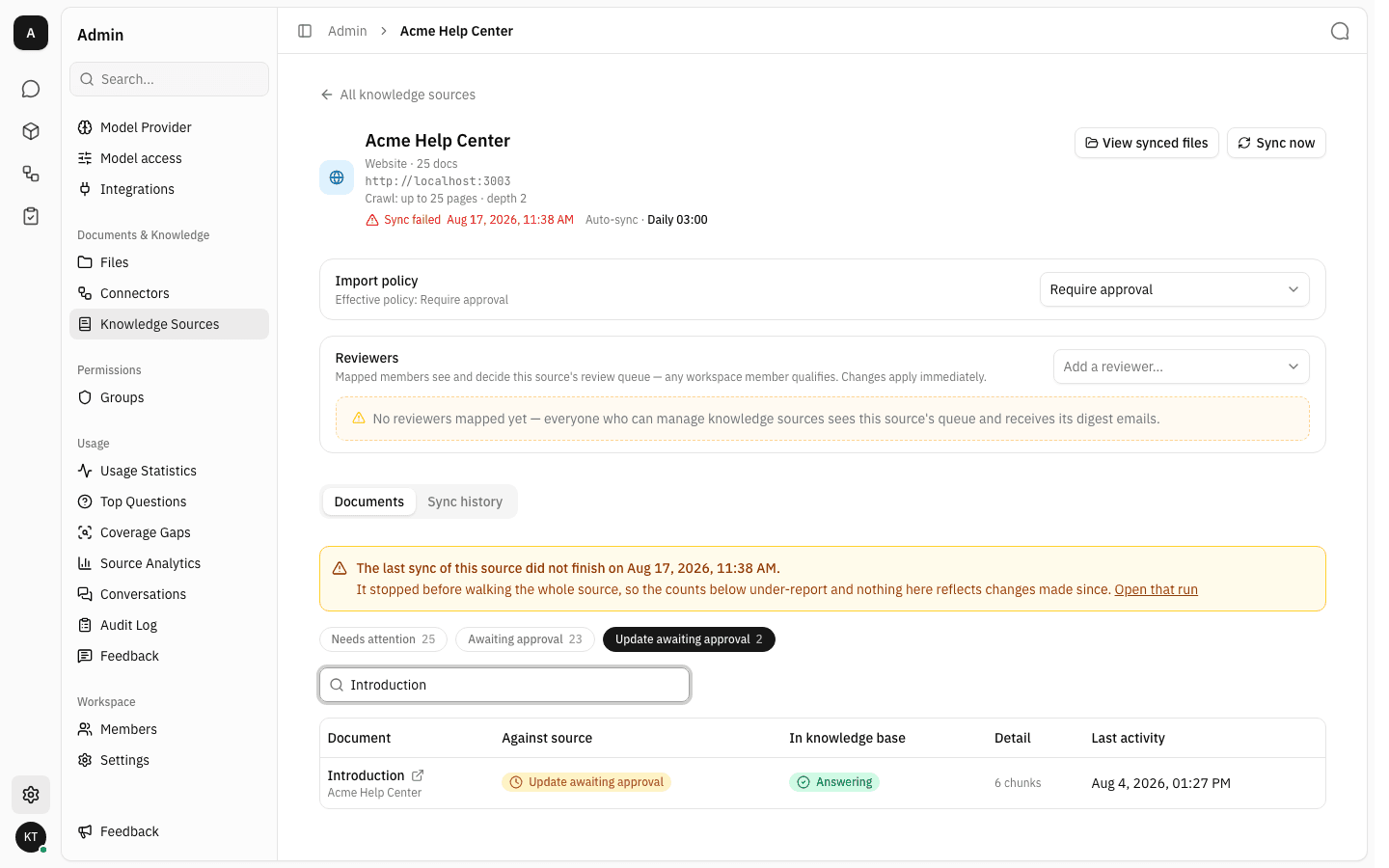 A document whose newer version awaits approval while the already-imported version keeps answering