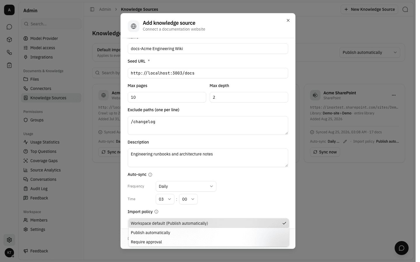 The import policy options: workspace default, publish automatically, require approval