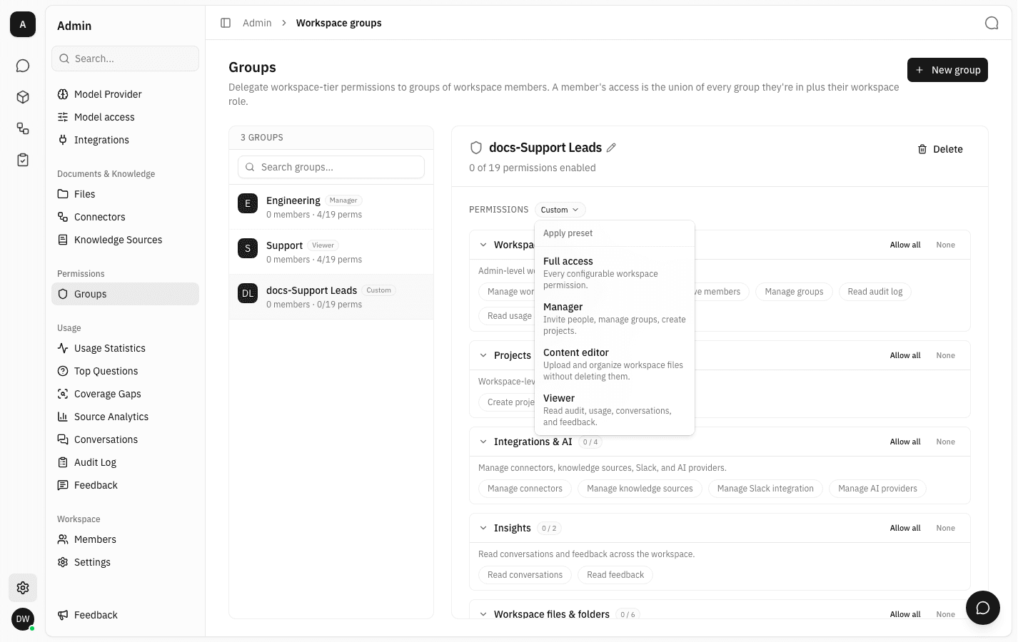 Preset menu open showing the Full access, Manager, Content editor and Viewer options