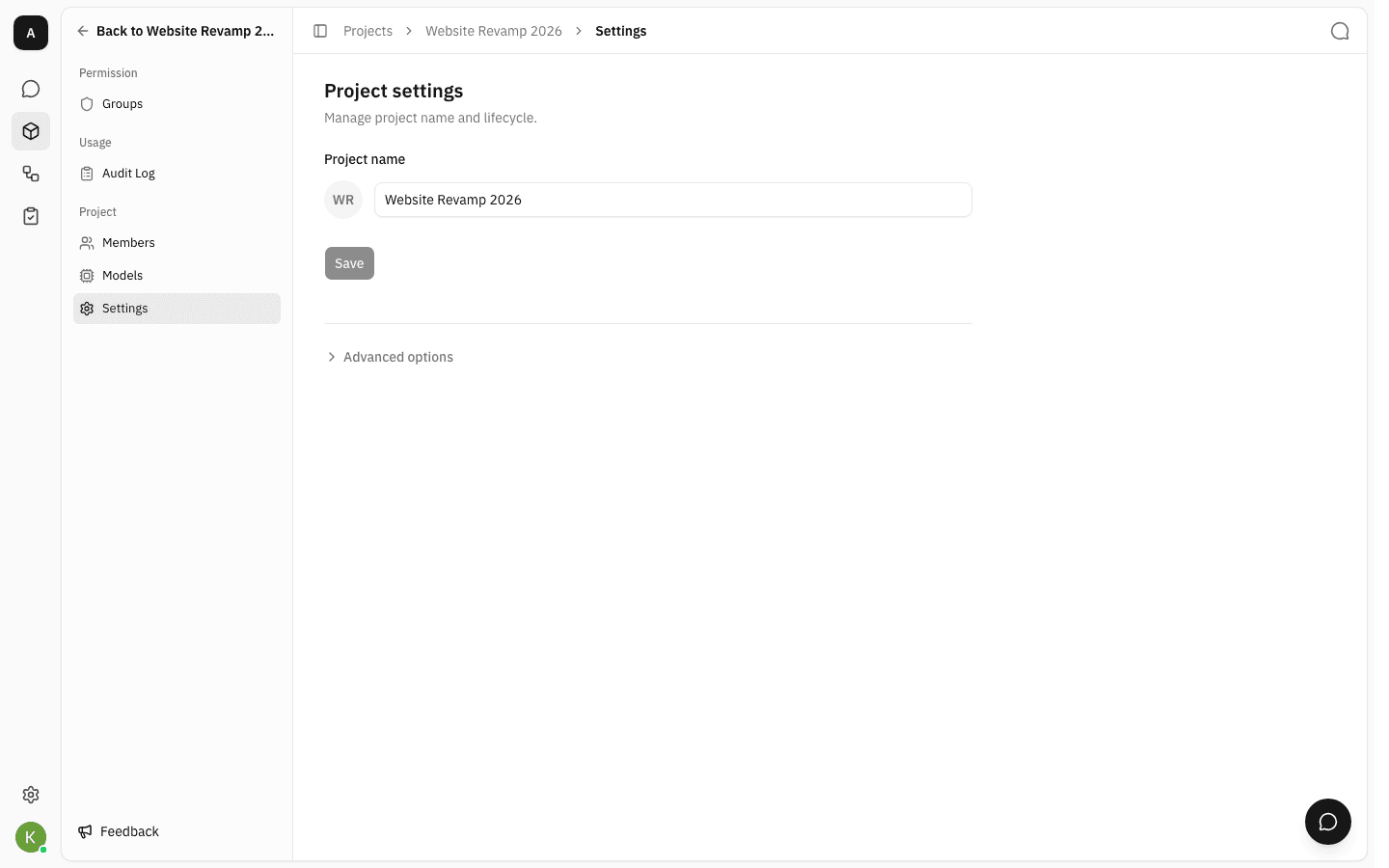 The Project settings page after saving, with the new name in the field, the breadcrumb and the panel's Back to link, and Save disabled again