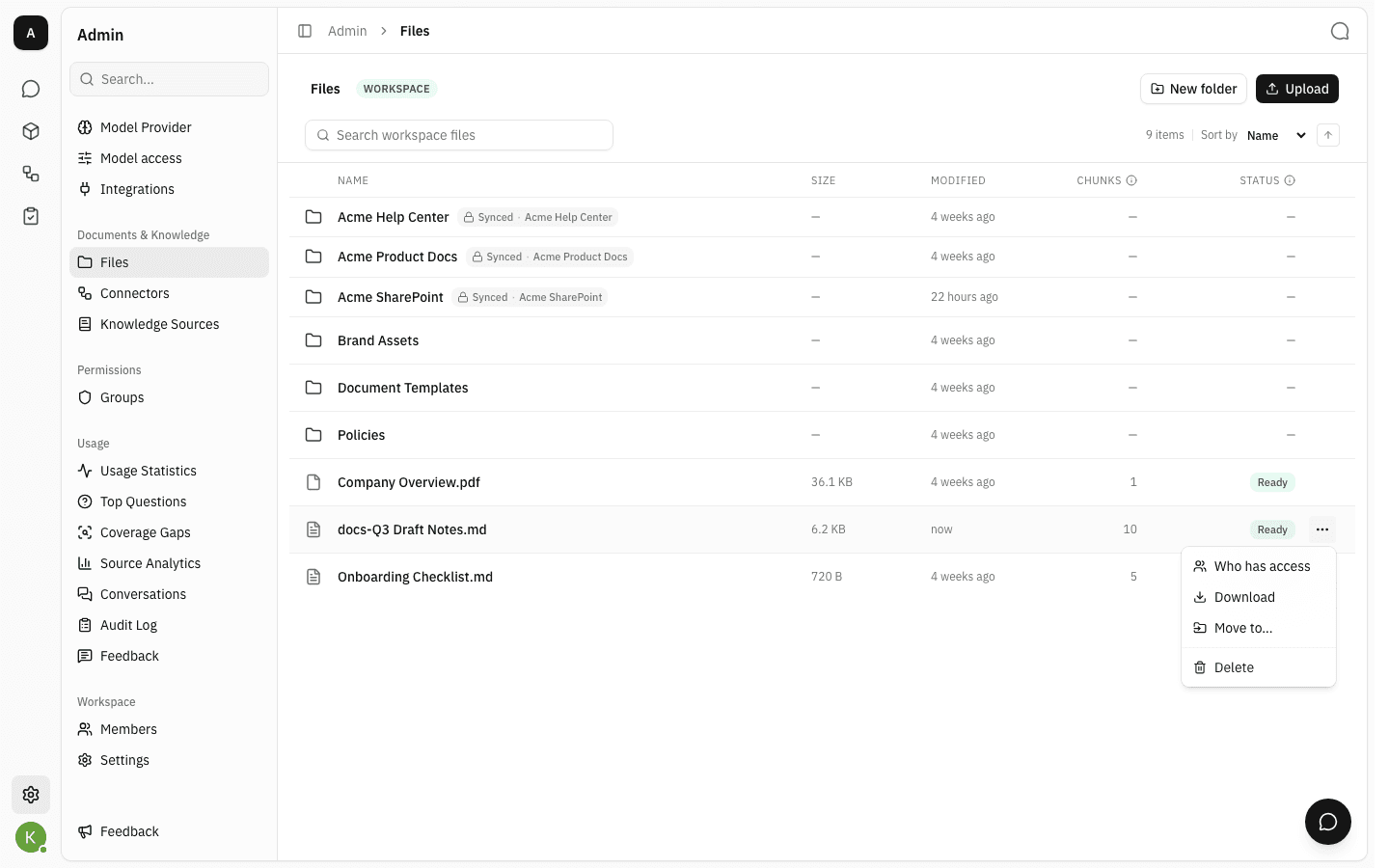 Row menu open on a document showing Who has access, Download, Move to and Delete