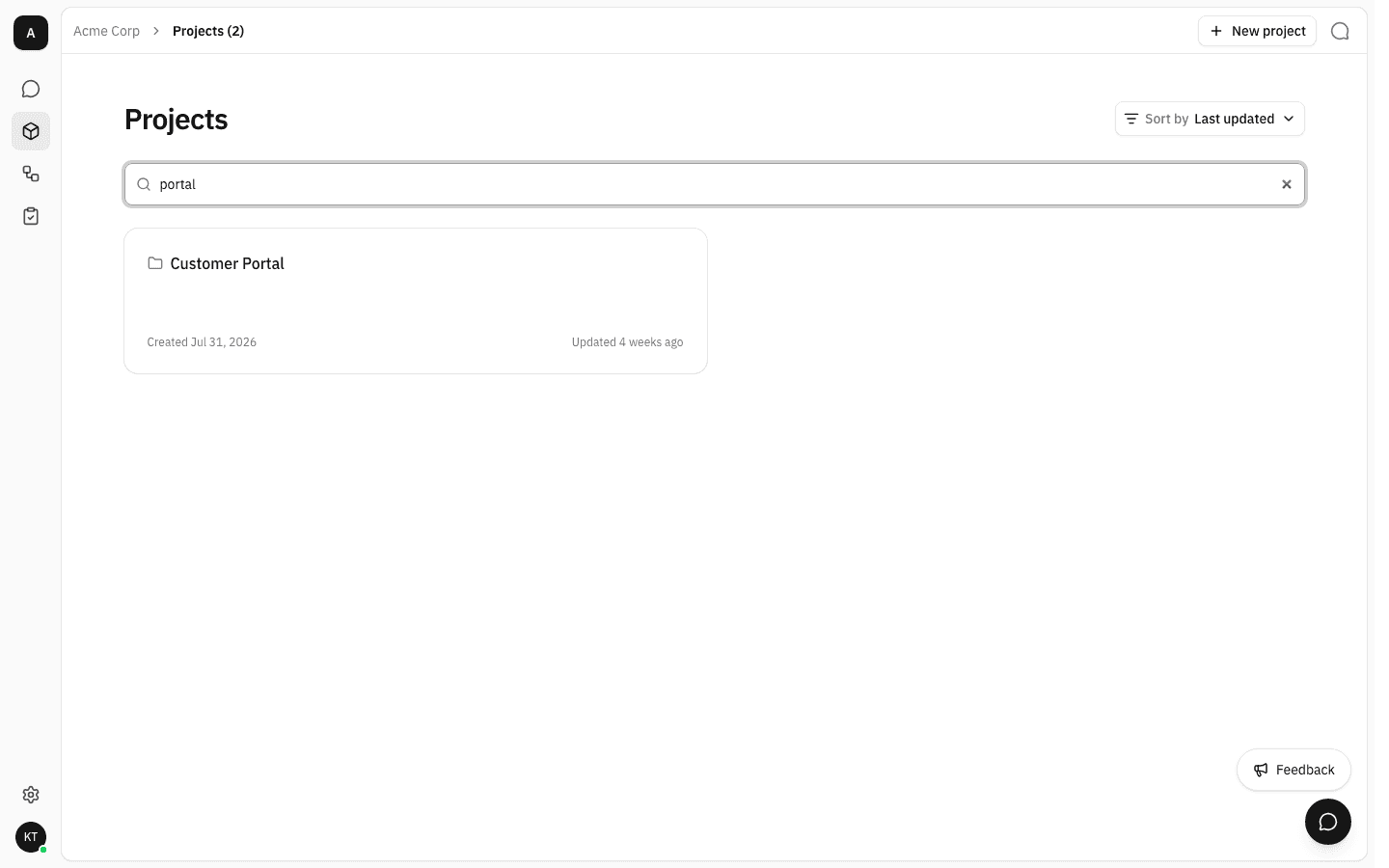 Projects page with "portal" in the search box and only the Customer Portal card shown