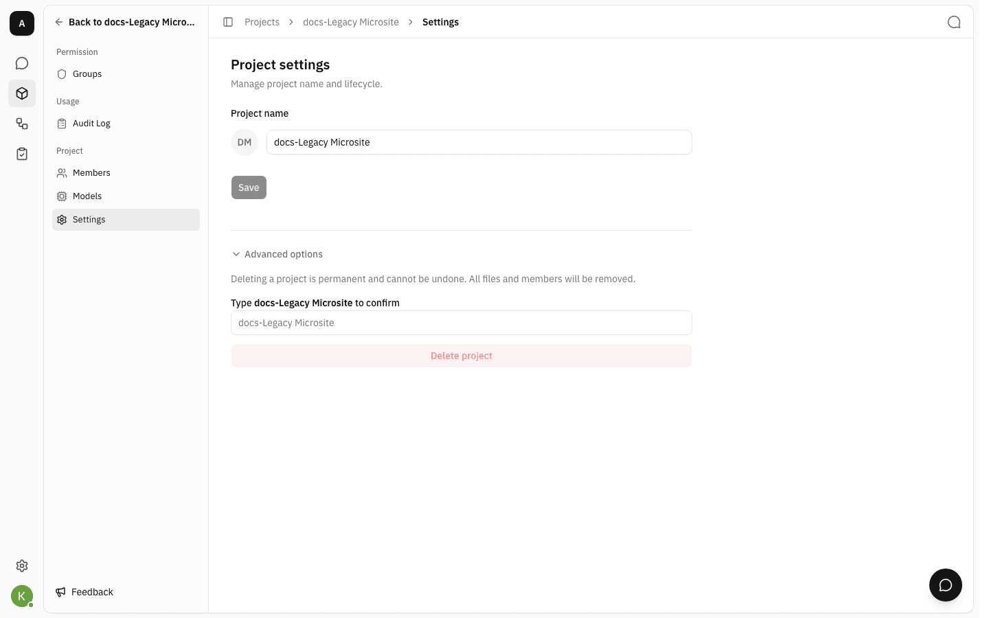 Advanced options expanded, showing the warning that deleting a project is permanent, a confirmation field asking you to type the project name, and a disabled Delete project button