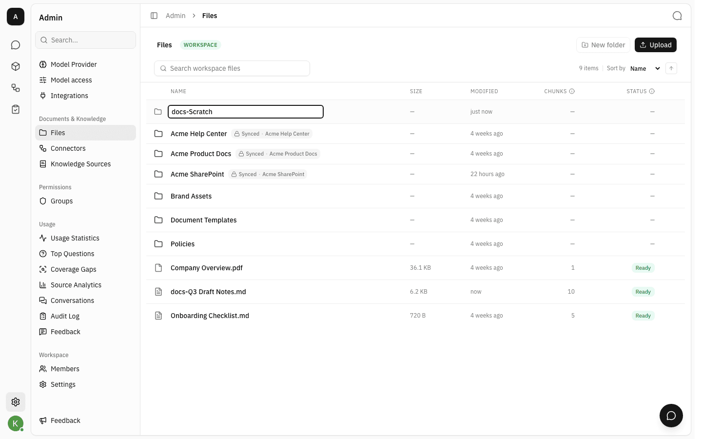 New folder row at the top of the file list with a name being typed inline