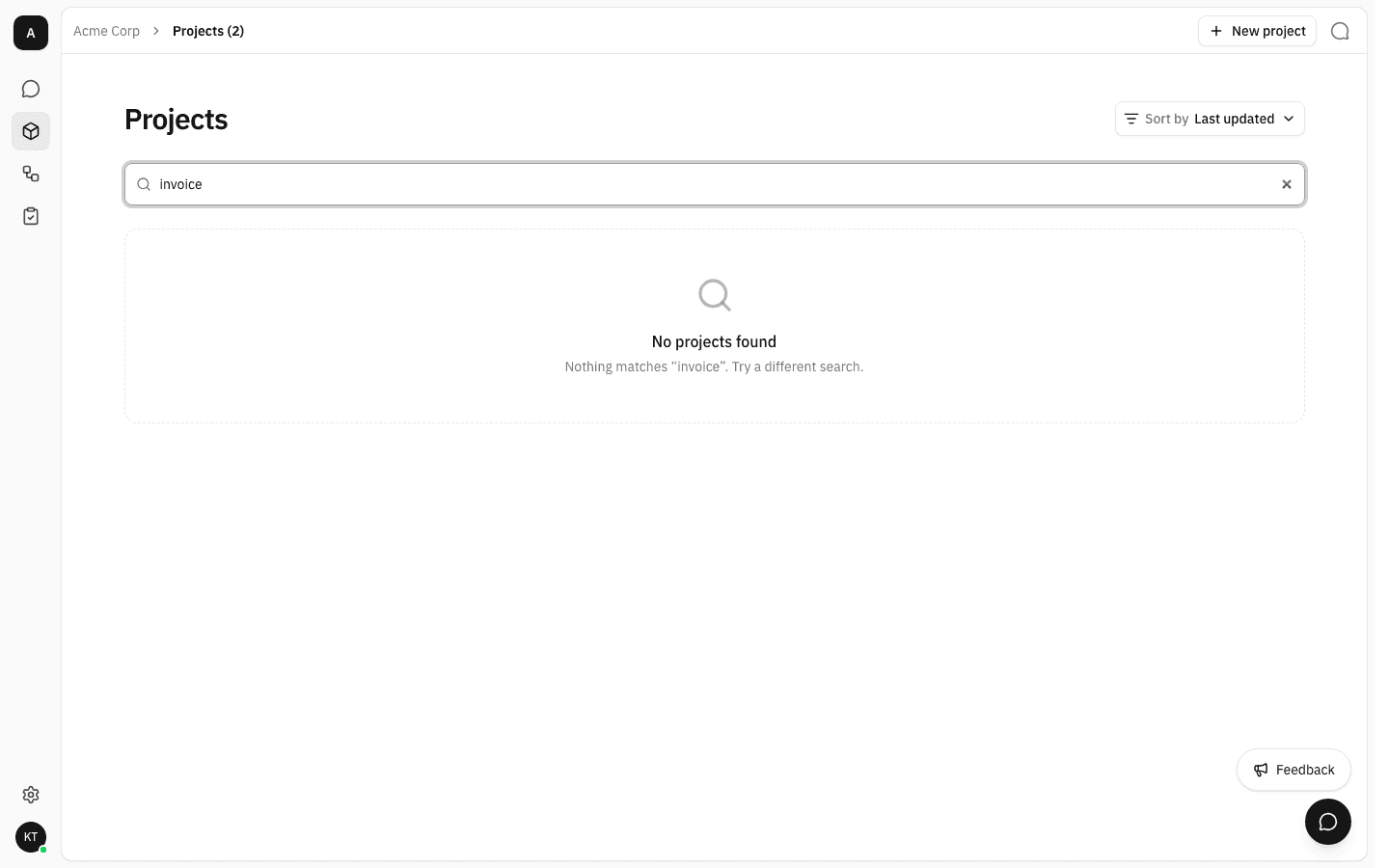 Projects page showing "No projects found — Nothing matches 'invoice'. Try a different search."