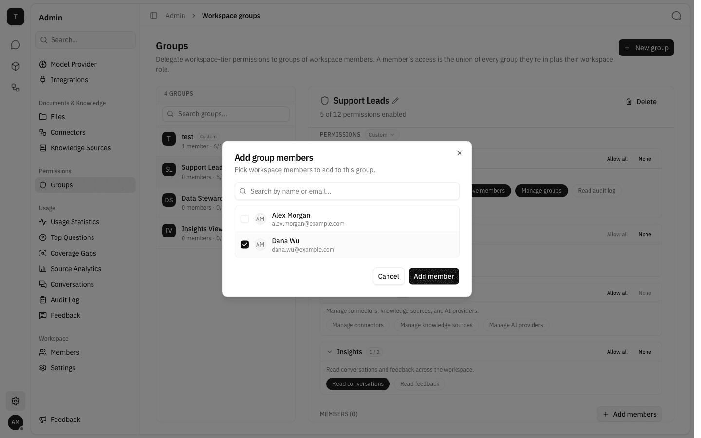 Add group members dialog with a member selected