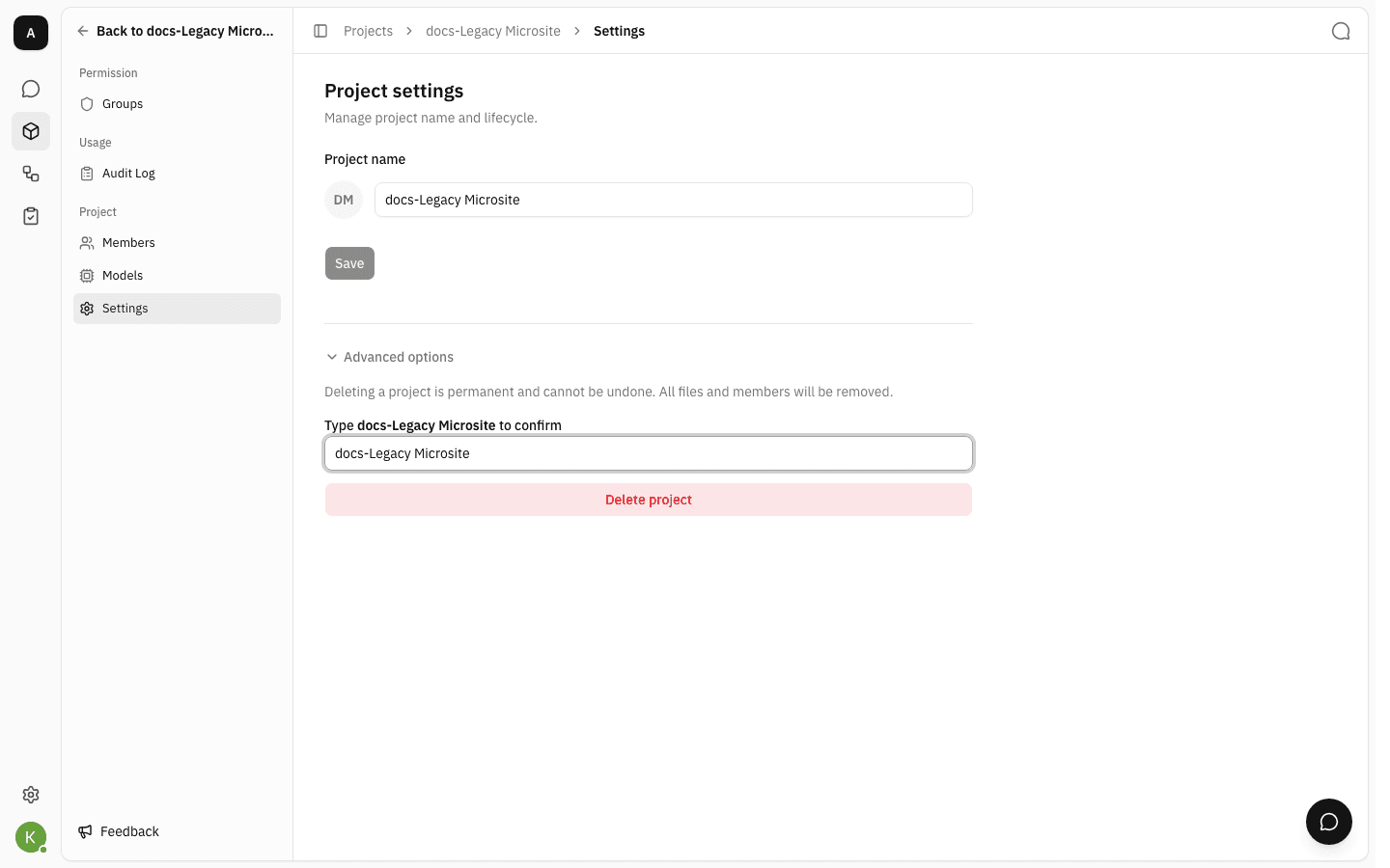 The confirmation field filled with the project name and the Delete project button now active in red
