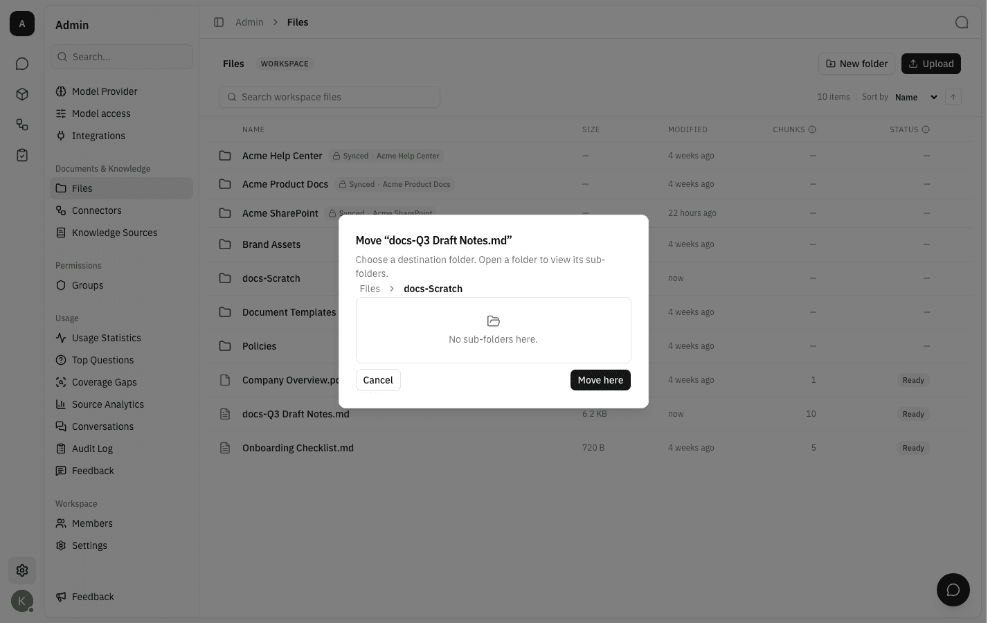 Move dialog with a destination folder open and the Move here button enabled