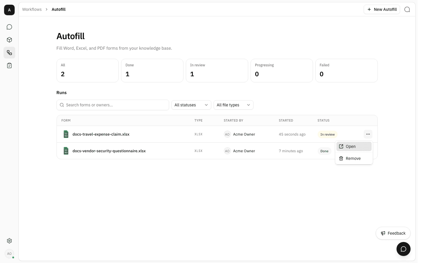 Run row menu open on docs-travel-expense-claim.xlsx, showing Open and Remove