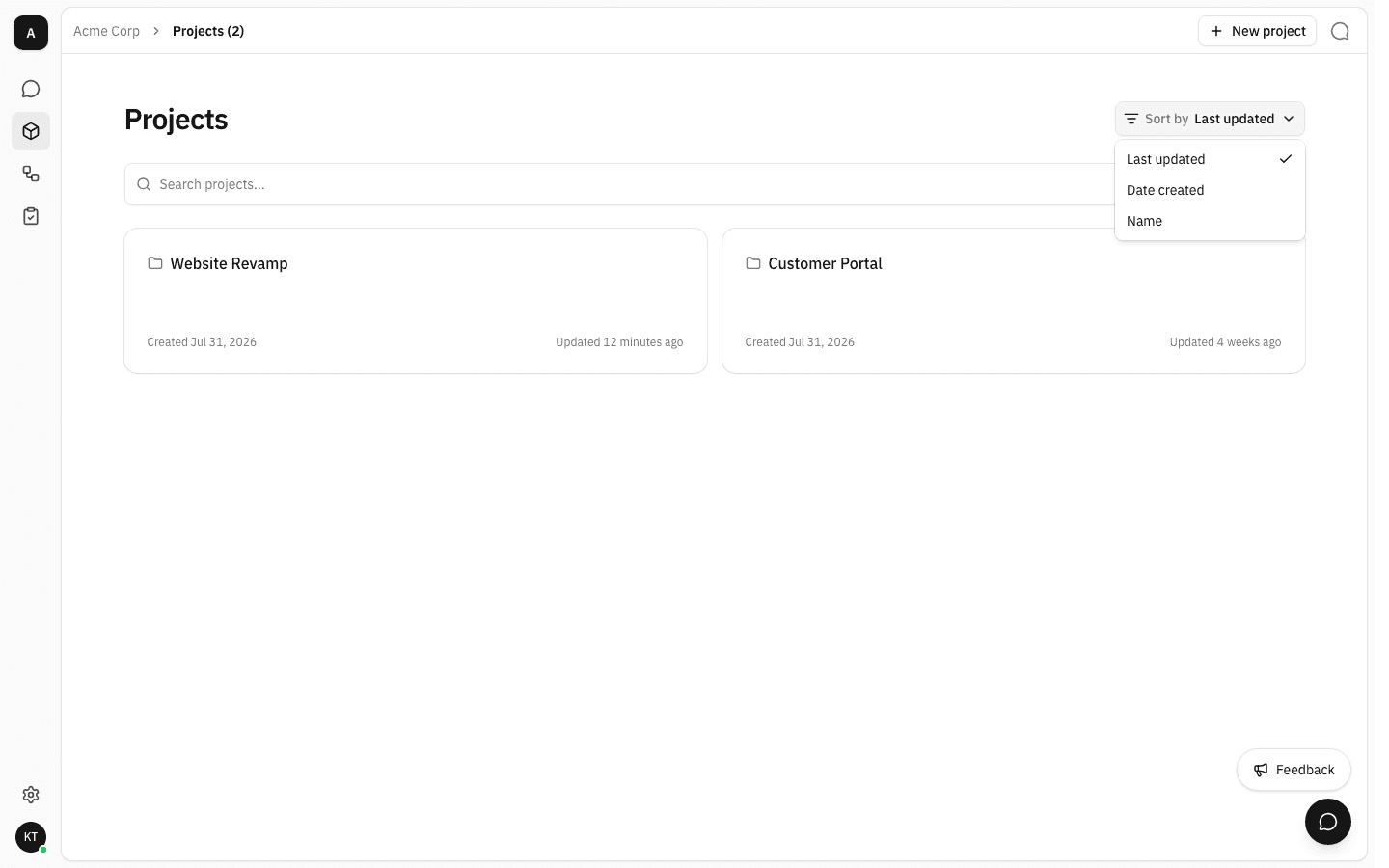 Sort by menu open on the Projects page showing Last updated (ticked), Date created and Name