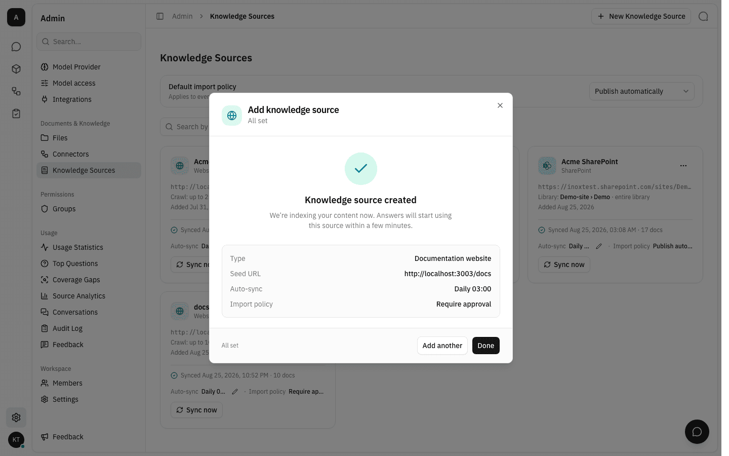 The success step summarising the created source