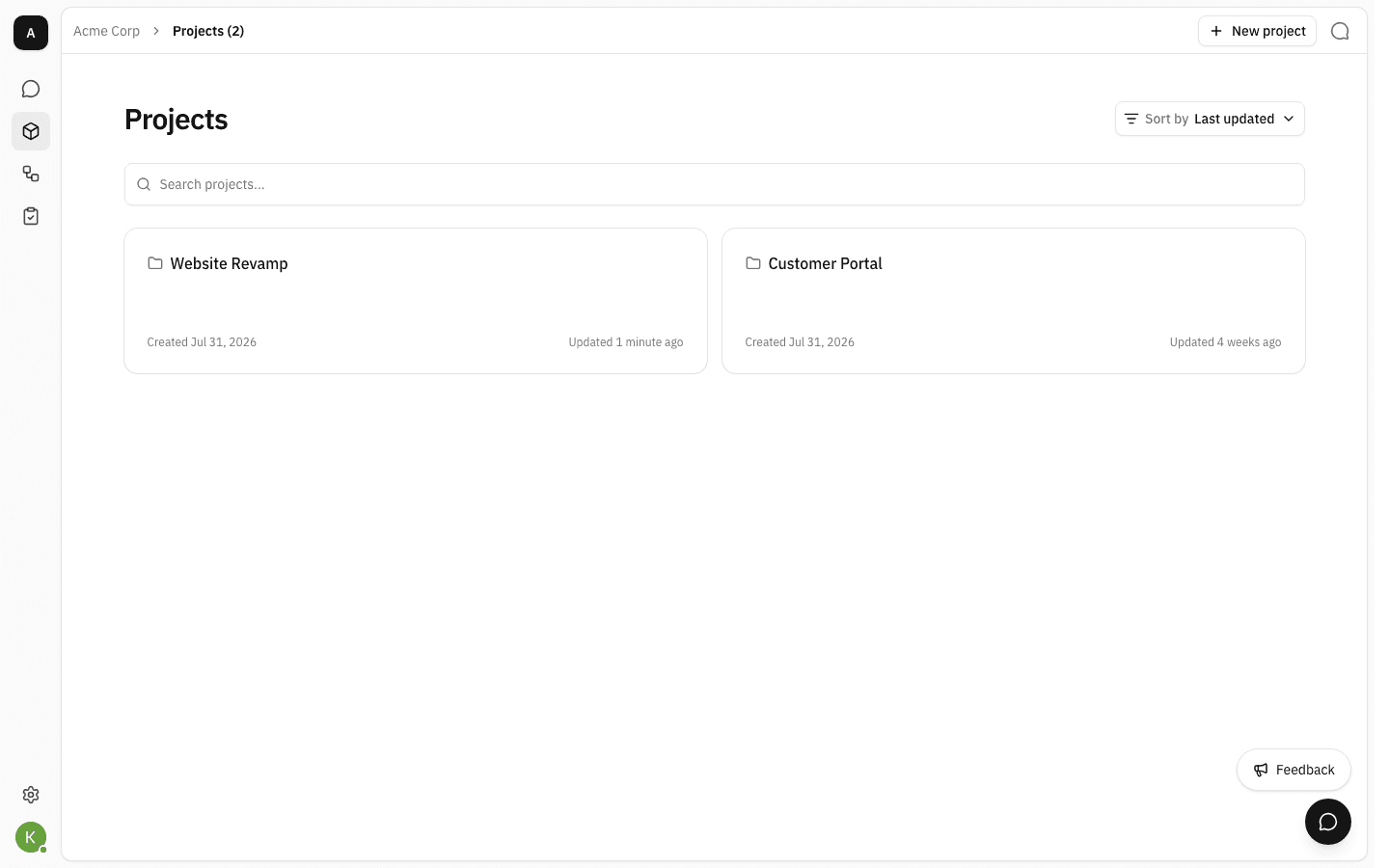 The Projects list back at two projects, Website Revamp and Customer Portal, after the third was deleted
