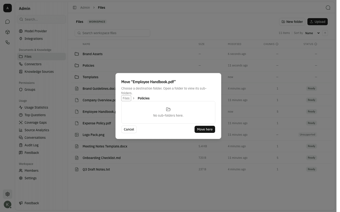 Move dialog with the Policies folder open and the Move here button enabled