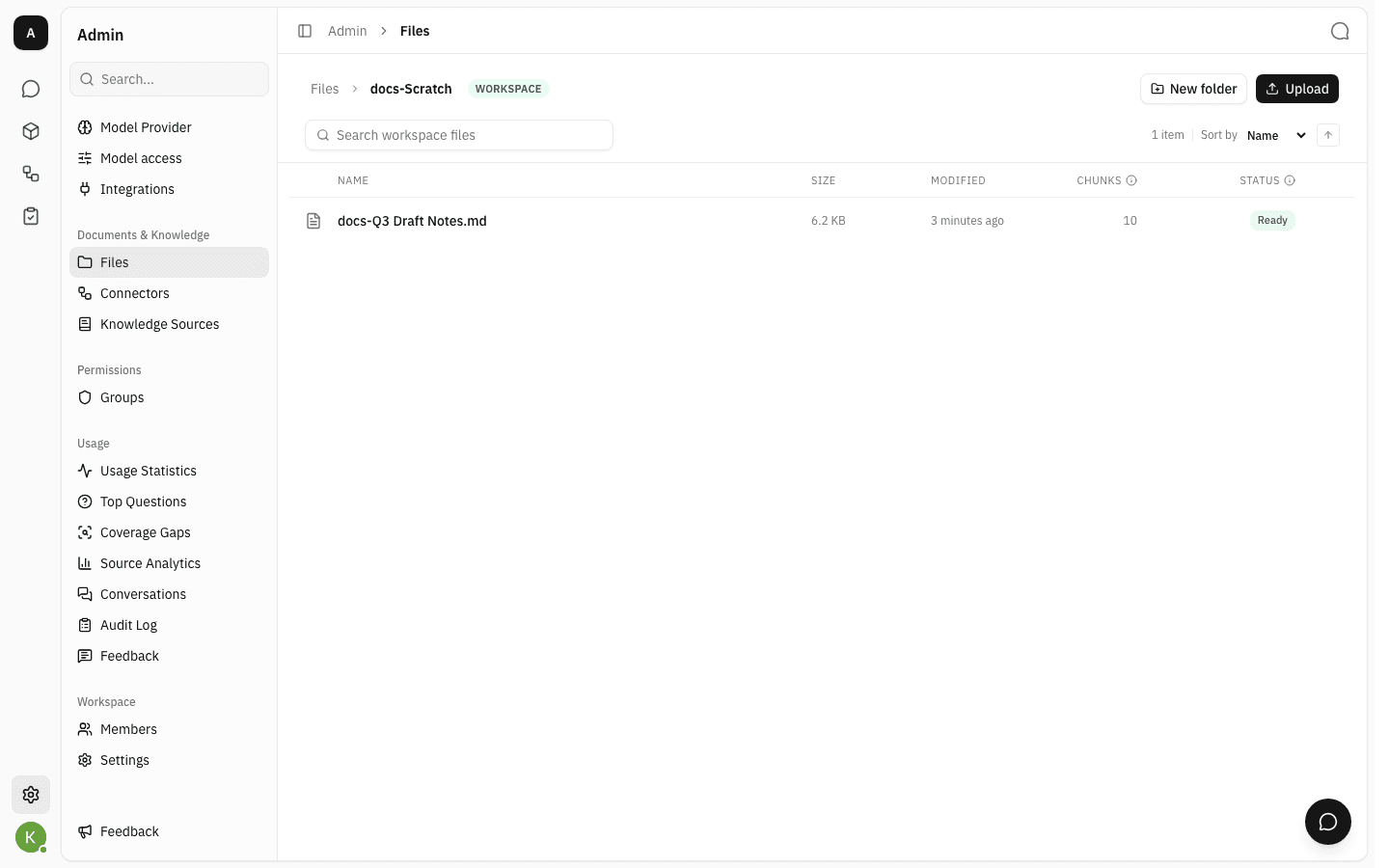 Inside the destination folder, breadcrumb reading Files then the folder name, with the moved document listed as Ready