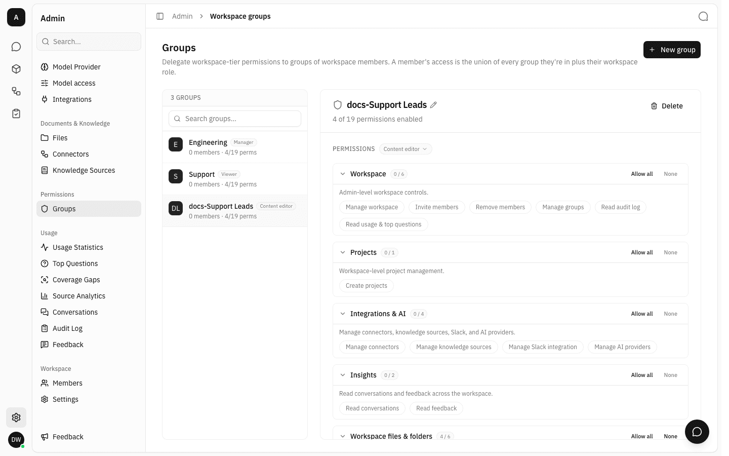 Saved permissions, with the group row in the list showing the Content editor badge