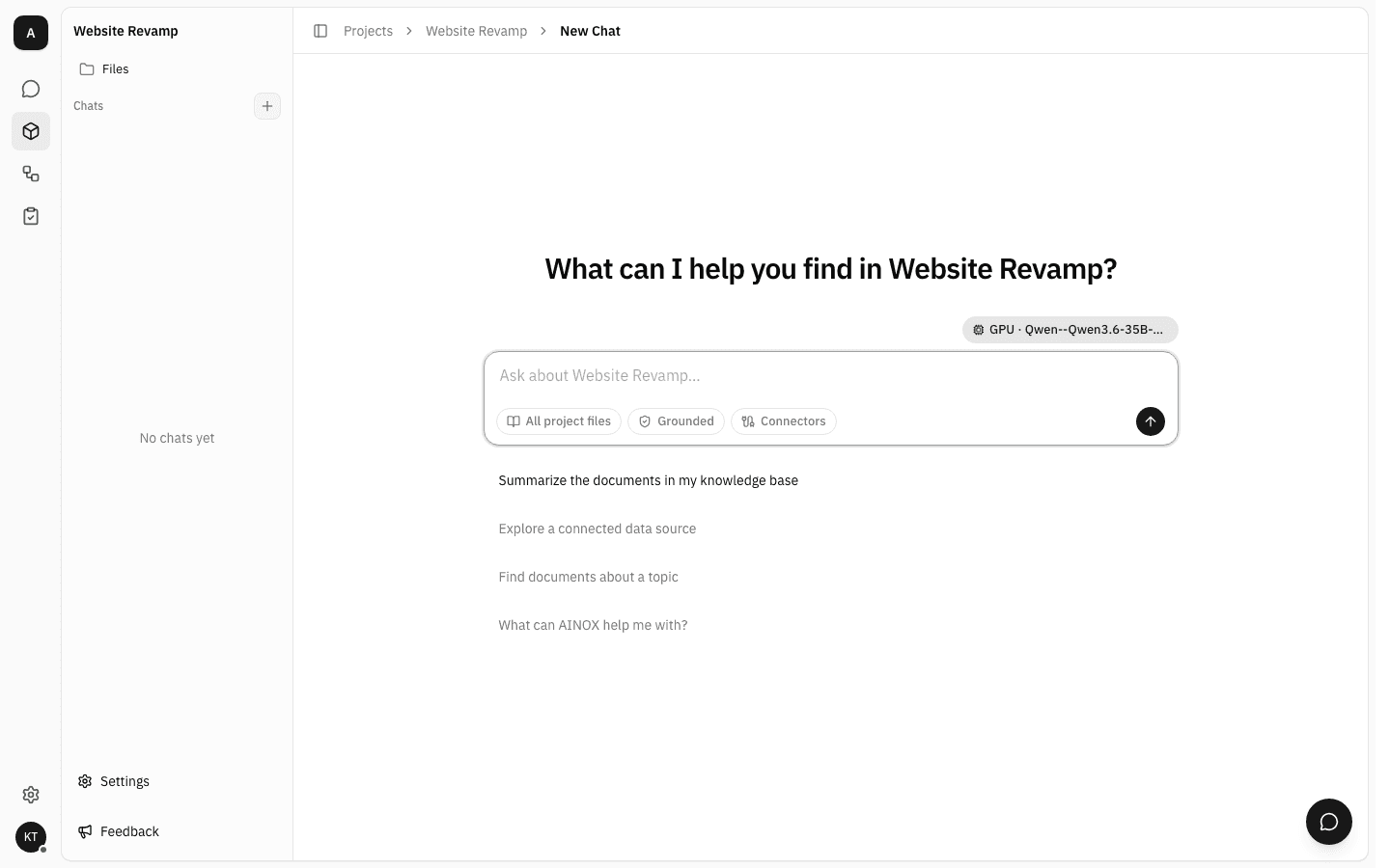 Website Revamp project open on its chat screen: the project sidebar lists Files and an empty Chats section with Settings at the bottom, and the composer asks "What can I help you find in Website Revamp?"