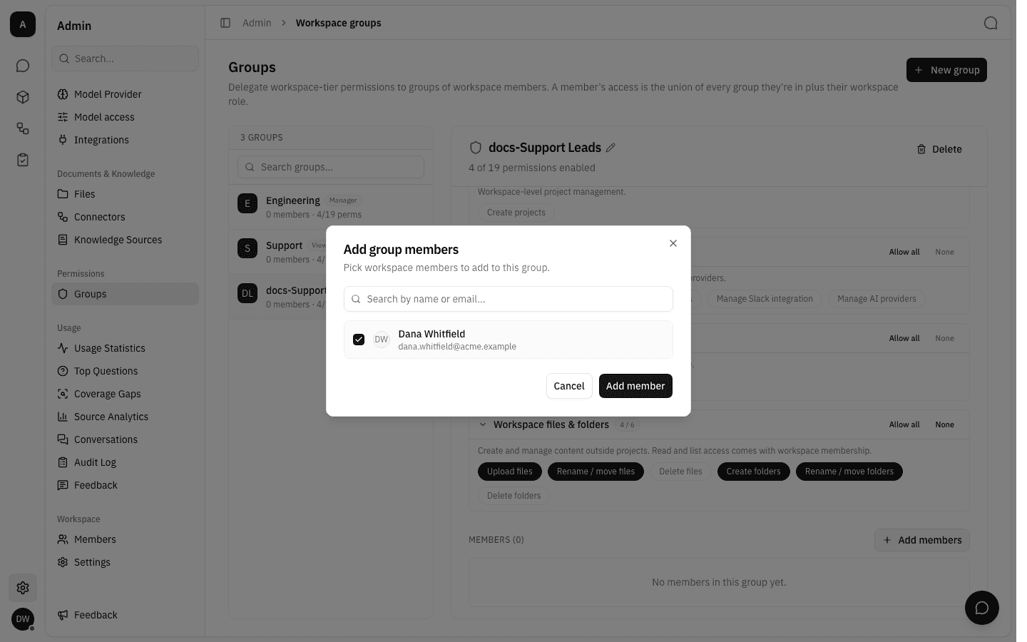 Add group members dialog with one member ticked