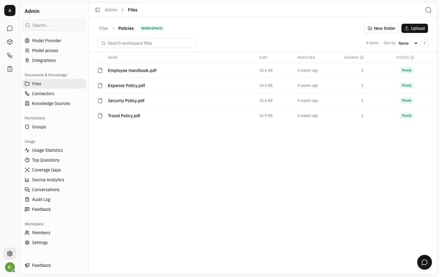 Inside the Policies folder, breadcrumb reading Files then Policies, four indexed PDFs listed as Ready