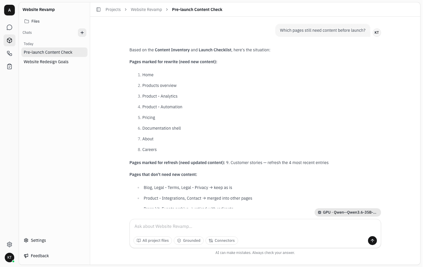 Project sidebar listing two conversations under Today, Pre-launch Content Check and Website Redesign Goals, with the newer one open