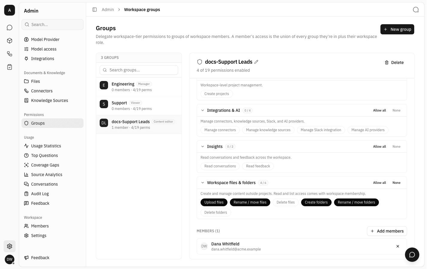 Group members section listing one member with a remove control