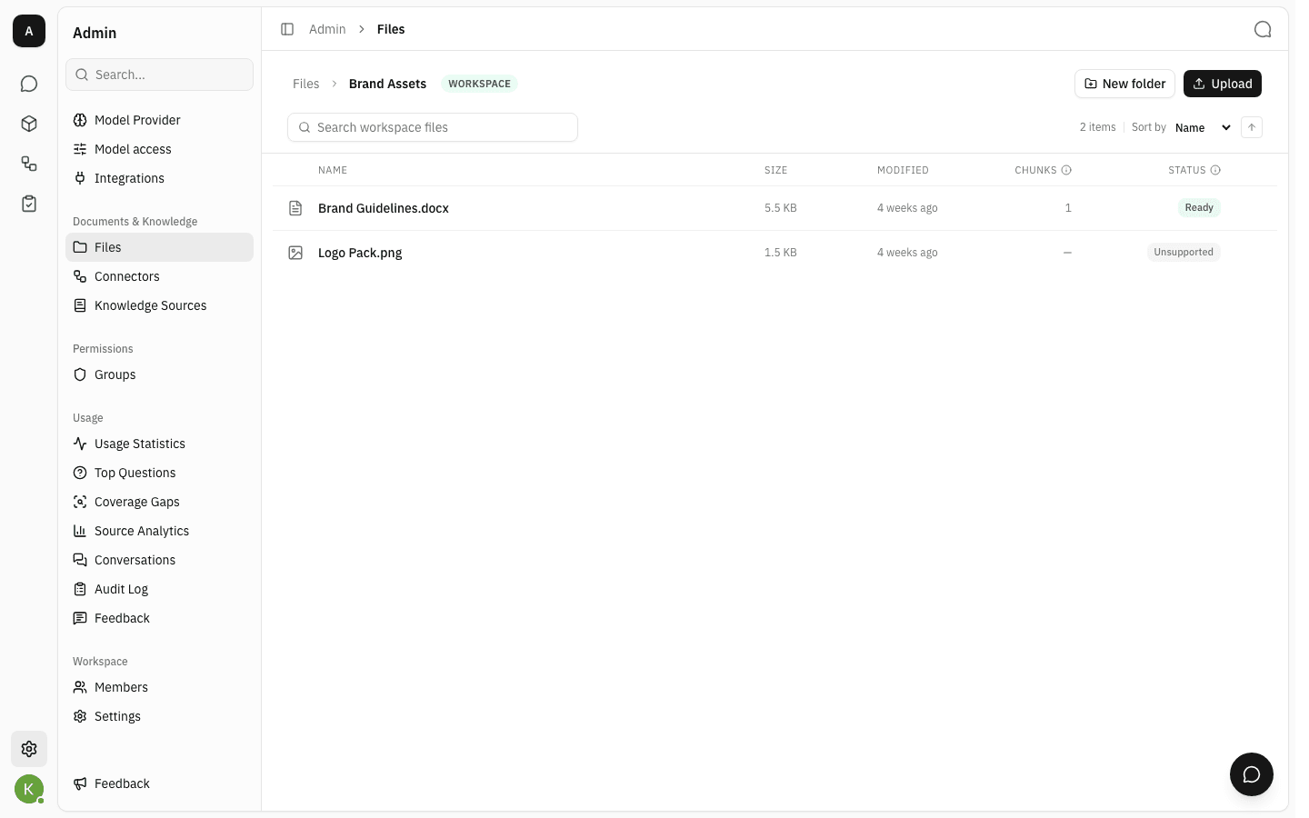 Inside Brand Assets, a Word document reading Ready with one chunk and a PNG reading Unsupported
