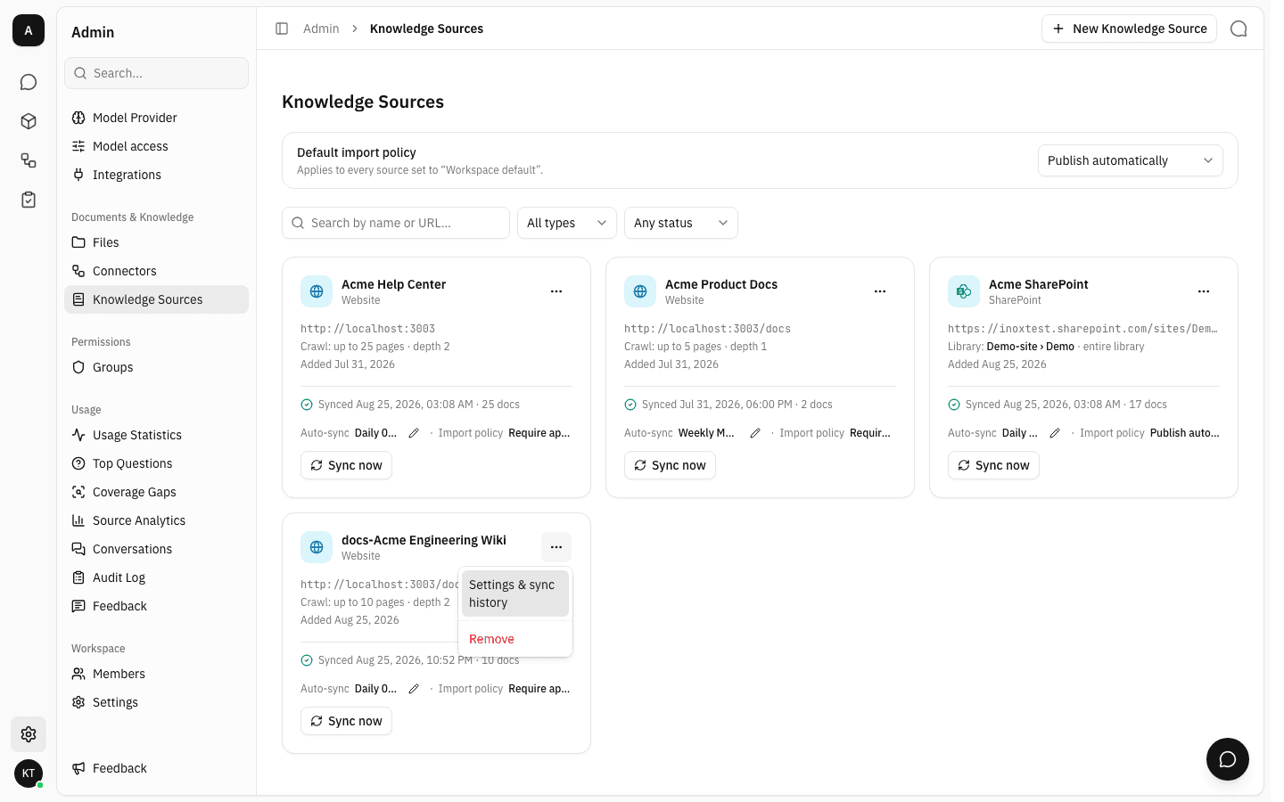 The card menu with Settings & sync history and Remove
