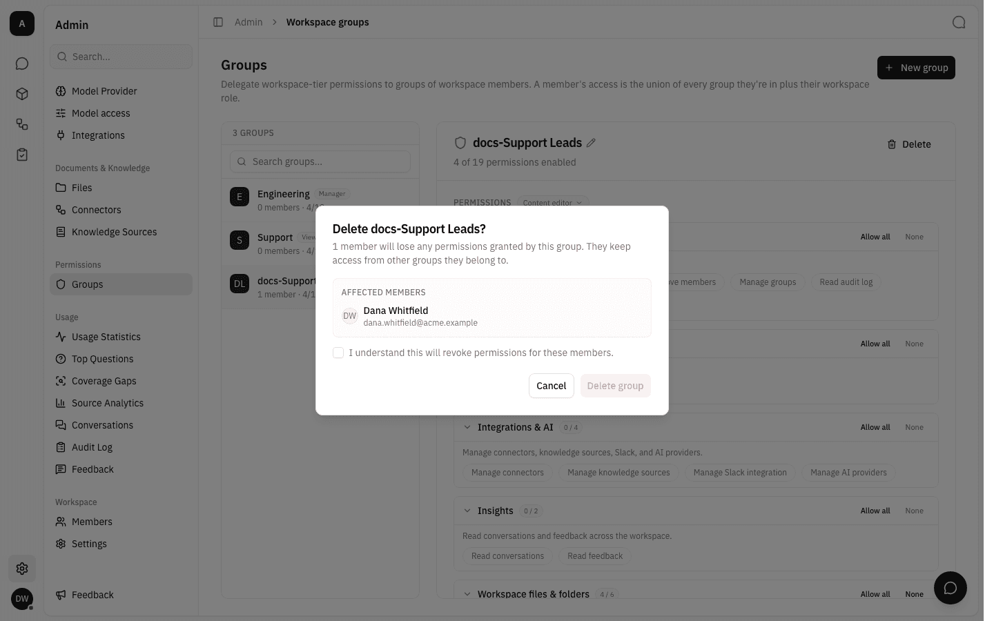 Delete group confirmation dialog listing the affected members and the acknowledgement checkbox