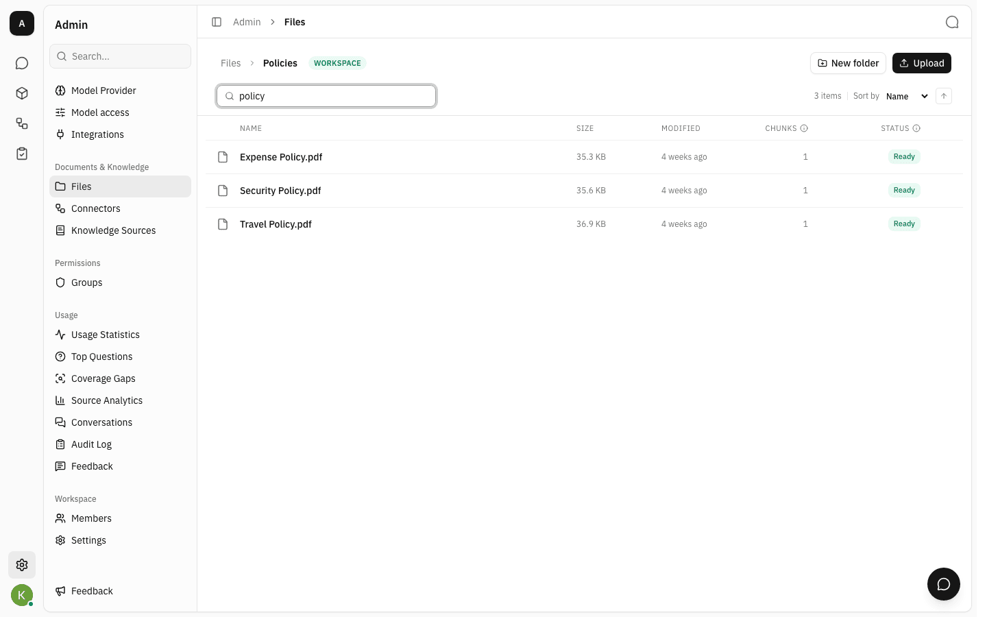 Search for the word policy inside the Policies folder narrowing the list to three matching PDFs