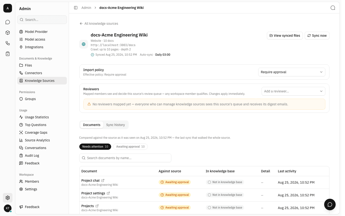 The source settings page with import policy, reviewers and the Documents tab