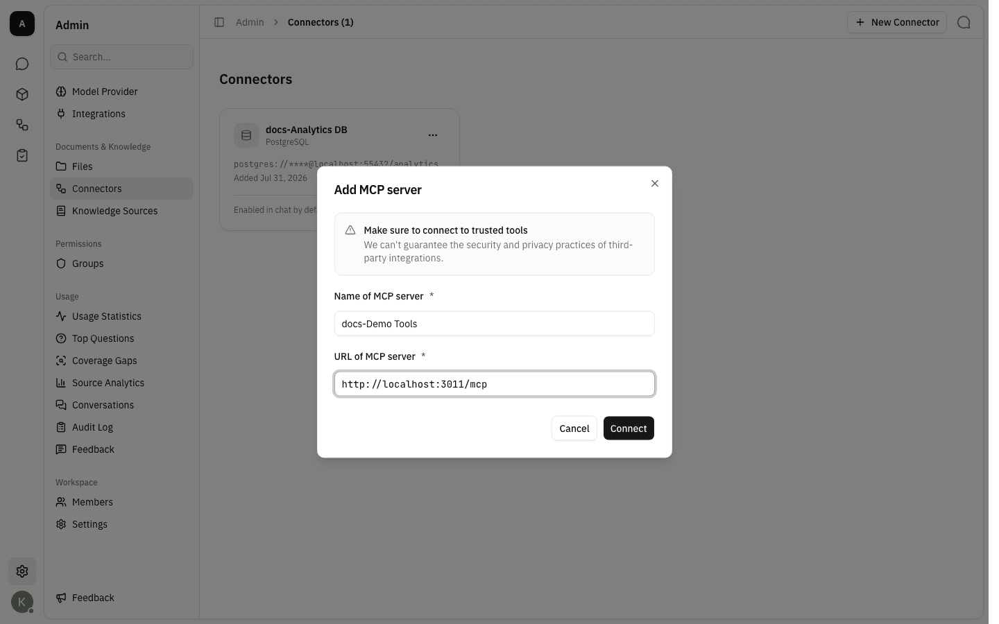 Add MCP server dialog filled in with a name and an endpoint URL