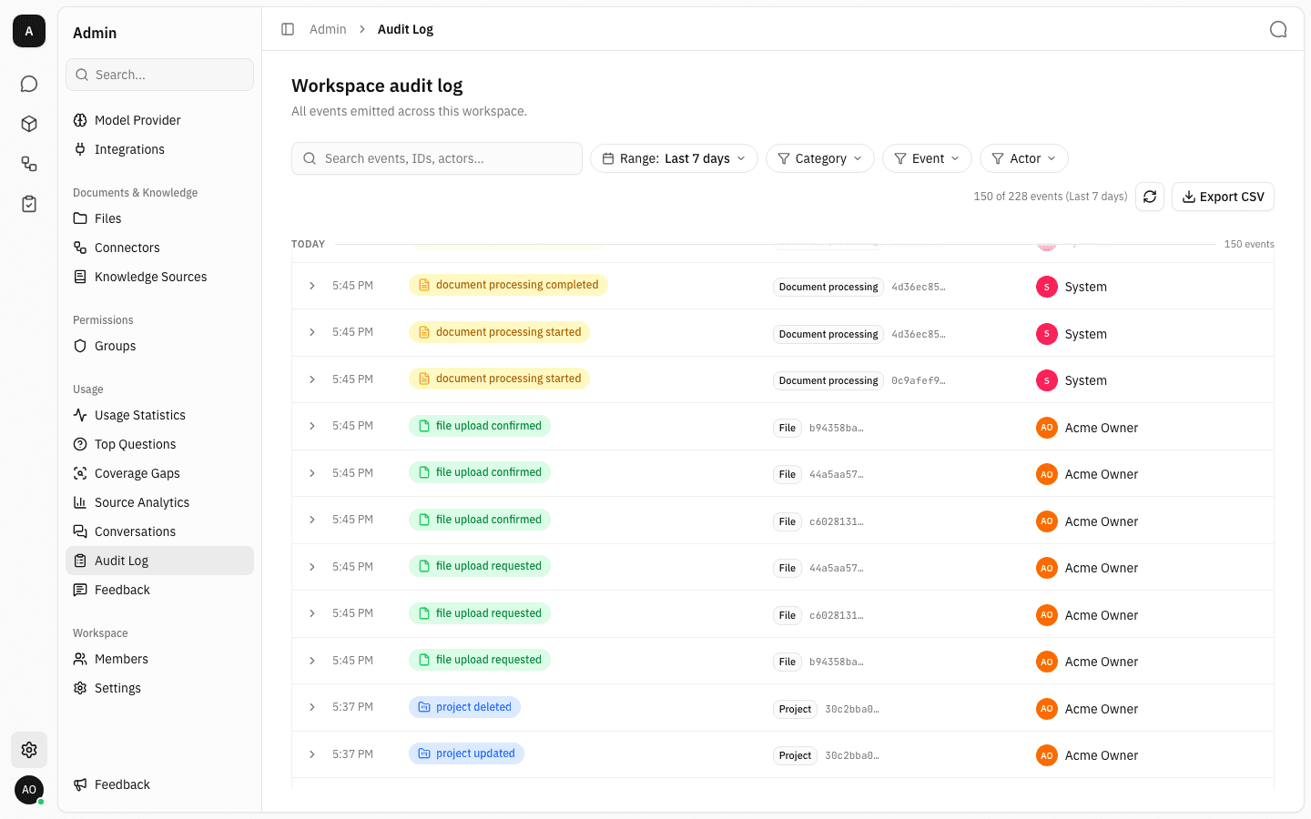 Further pages loaded, showing file and document processing events attributed to System