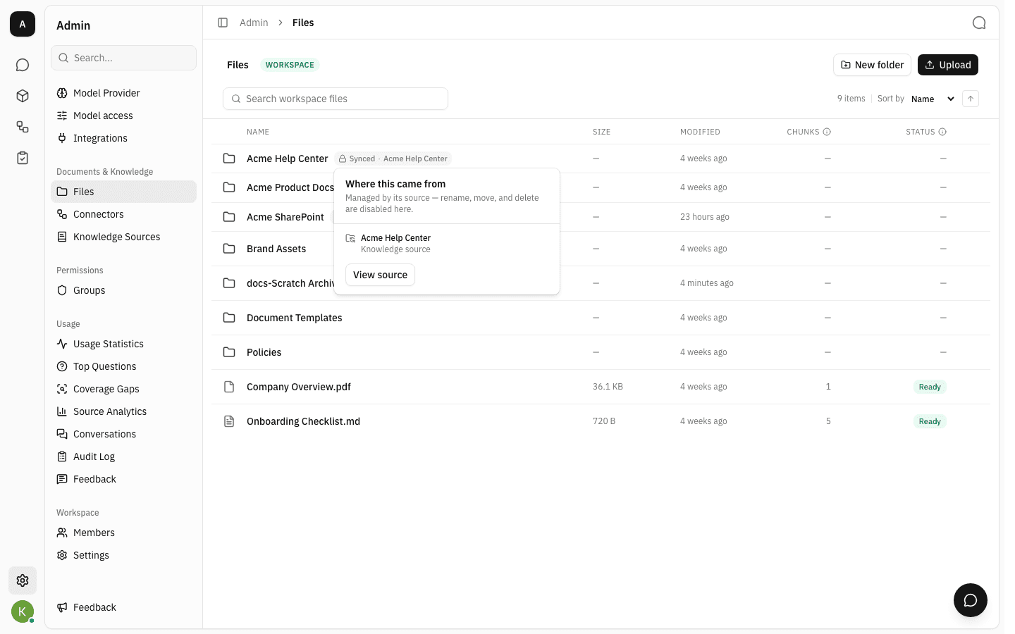 Where this came from popover on a synced folder, explaining that rename, move and delete are disabled, with a View source button