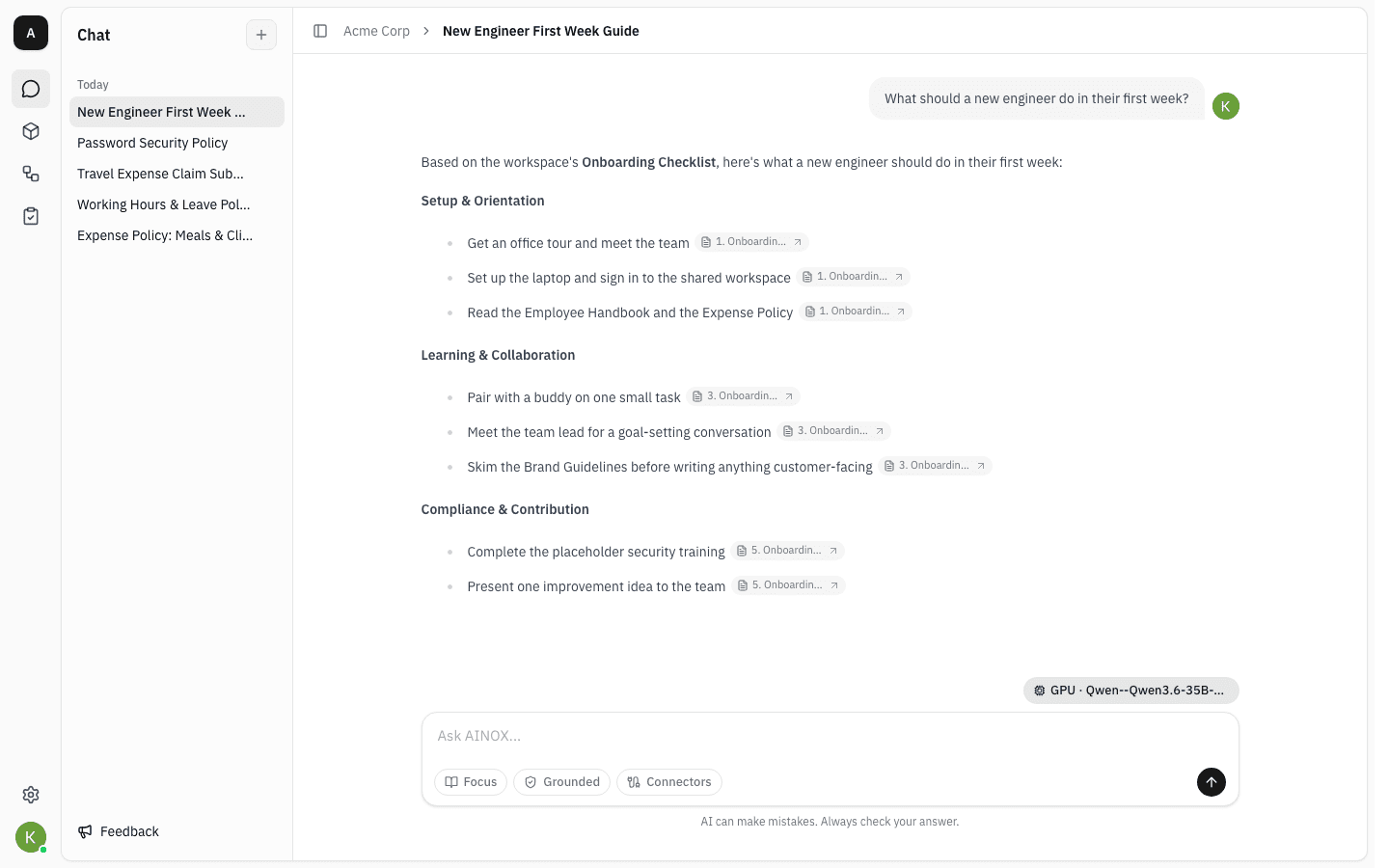 Chat history sidebar listing five conversations under Today, with one highlighted
